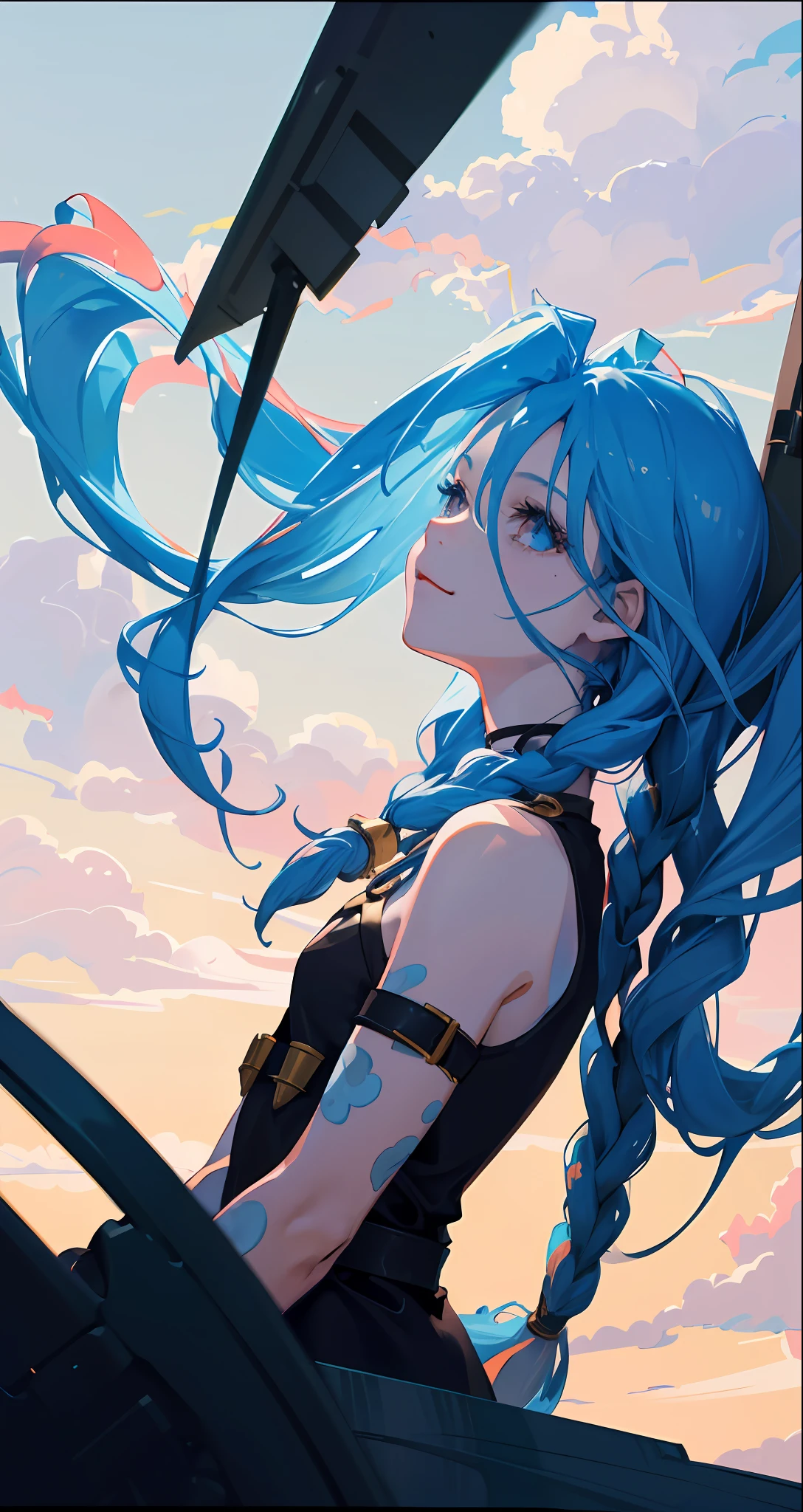 jinx,tmasterpiece,best qualtiy,cinematic Film still from,1girl,Floating in the sky,Cloud Girl,clouds,(closeup cleavage:1.1),brightly,cheerfulness,intriguing,gentlesoftlighting,(bauhause,shape,lineworks,abstracted:1.1)