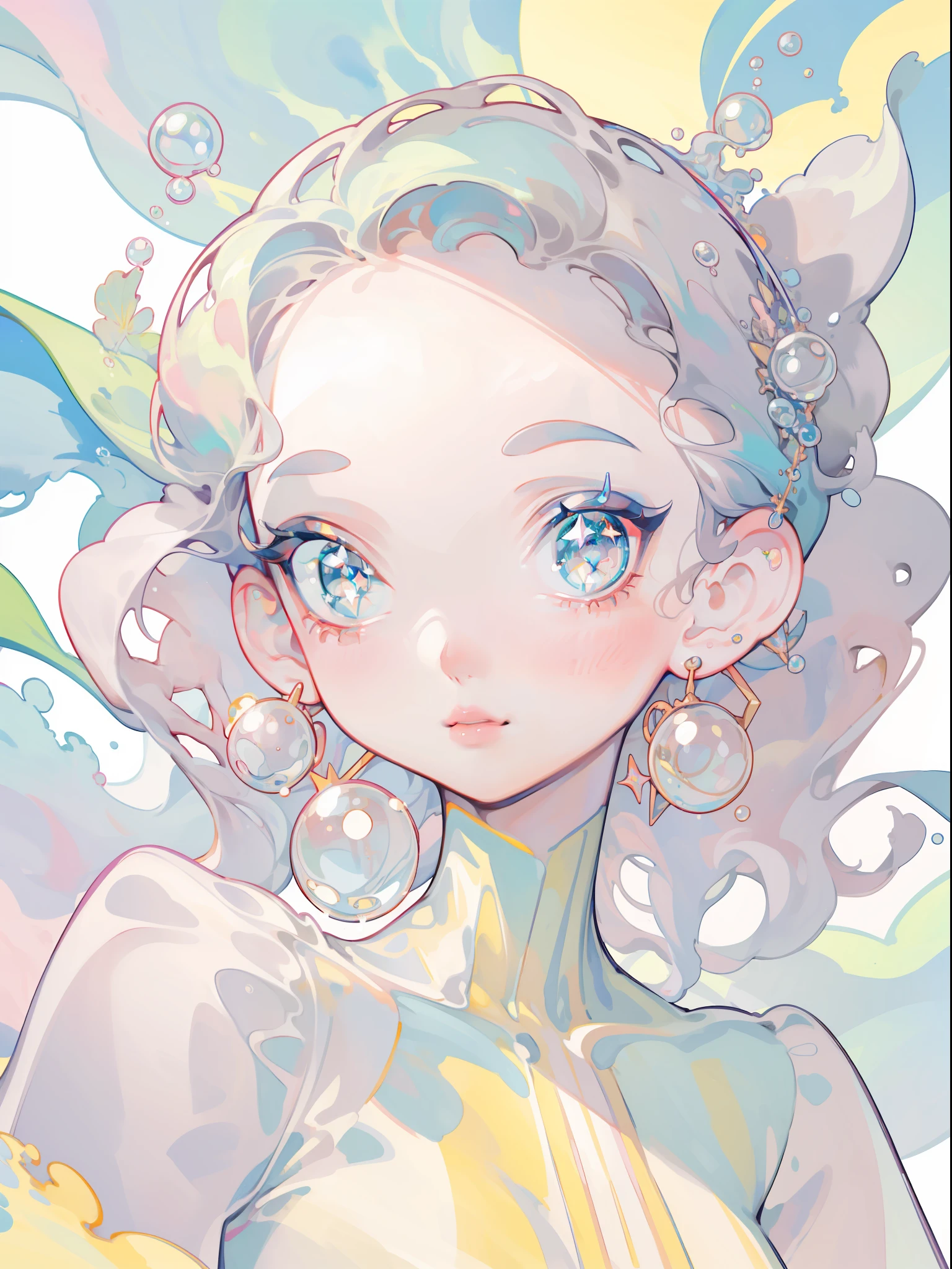 masterpiece, best quality, 8k resolution, sharp focus, intricate detail, beautiful girl, sparkling eyes, golden ratio face, otherworldly liquid, watercolor, pastel colors, bright colors, whimsical, colorful, sharp focus, high resolution, fine detail, liquid ballgown, ((round eyes)), iridescent bubbles