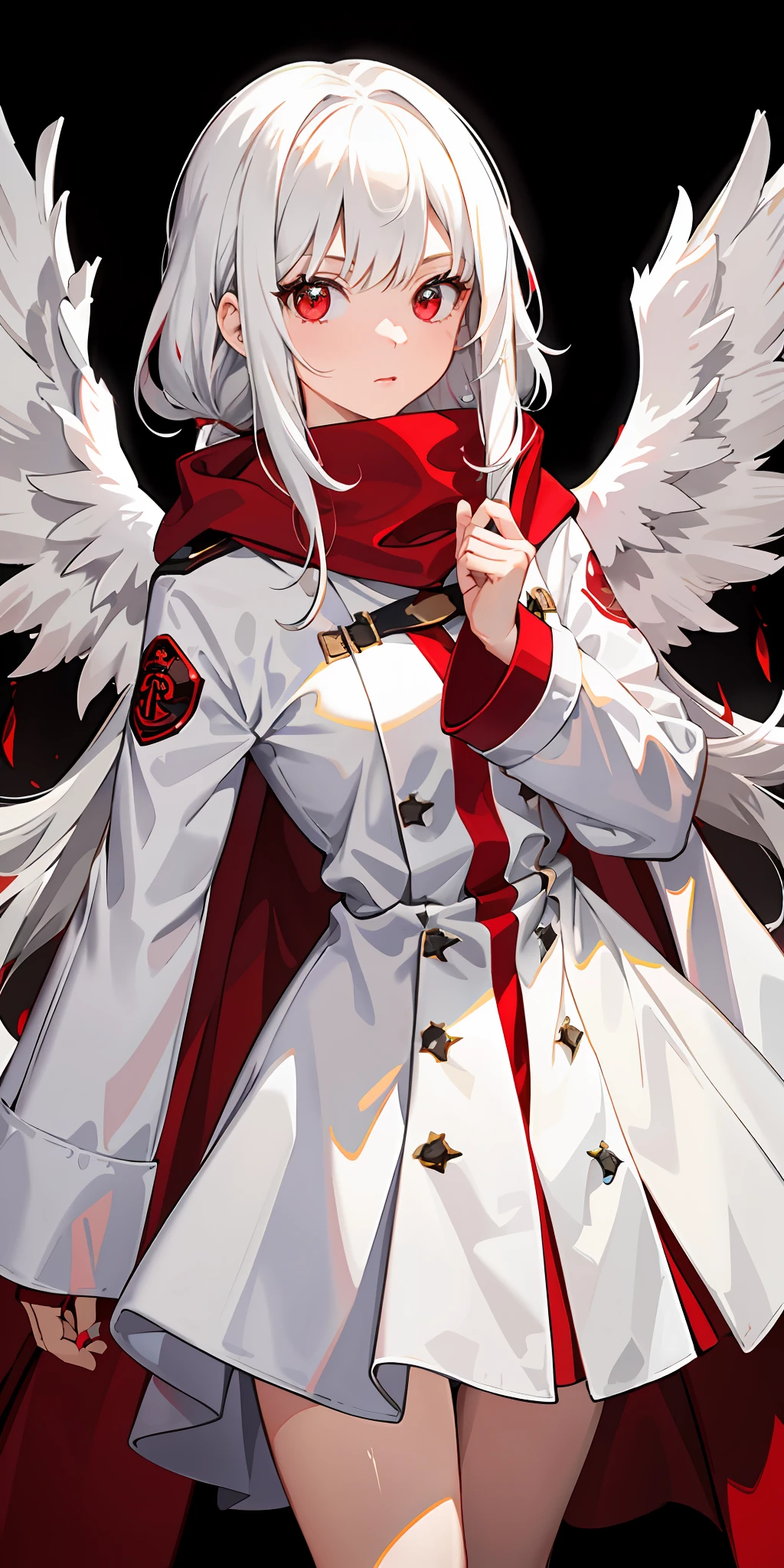 1girl, White hair, red color eyes, sportrait, photorealestic,Red and white trench coat,Wearing a hood，Red scarf，black t-shirts，Angel wings (onsen), sidelighting, wallpaper, nsfw,