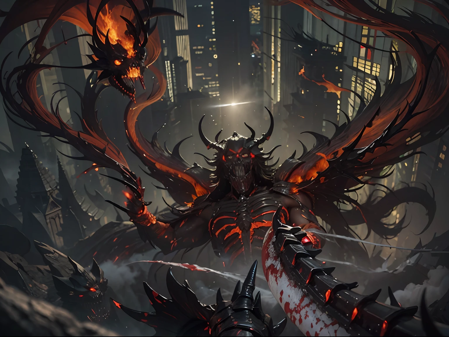 (Messenger from hell:1.4),Look up from the bottom up,hell,magma,火焰,(A strong sense of oppression1.4),(Purple flame:1.3),fresh blood on the ground,blood pond,Dripping blood,(Skeleton is everywhere),((Super huge, Thick and sharp giant claws)),(((Black antique hideous scales))),(((The scales are covered with thick barbs)))((Super thick and terrifying scales)),Black scales cover the whole body,((Bloodthirsty and murderous devil man)),(combats,charging up:1.4),Ugly face,full body pov,Black lightning streaked across the sky,(((A tumbling thick sea of clouds is at your feet))),(There was blood everywhere),((Blood dripped from between the paws))stereoscopic perspective,Works of masters,super-fine,4K分辨率,high qulity,电影灯光,High picture detail,Detailed pubic hair,Epic shooting