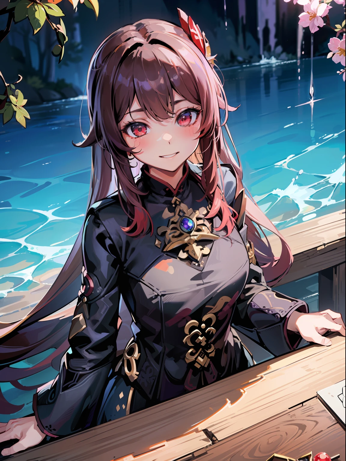 ((highest quality, masterpiece, 4k, finely detailed, detailed eyes, detailed face, intricate details, pixiv, gelbooru)), ((solo)), male focus, 1girl, Hutao(Genshin_Impact), blond hair, red eyes, slender feminine frame, male, sitting on floor, submissive pose, looking at viewer, blushing, smiling slightly, pecs showing, hand on chest