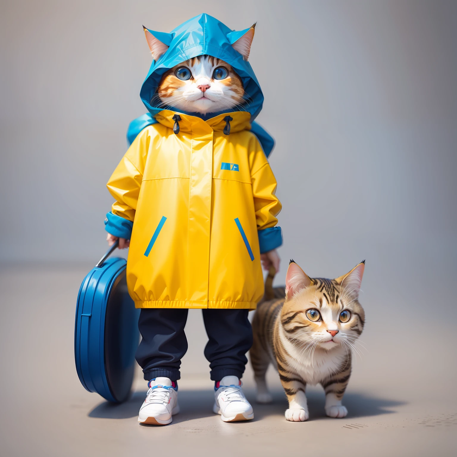 flat illustration, line art, minimalism, A girl was wearing a raincoat and carrying an umbrella,A cat was standing beside her,Close up of simple minimalist boy logo with thick Klein Blue and yellow outline style, single - line,continuous doodle of a kid with cap hat, simple line art, crisp lines --ar 2:3 --s 400 --niji 5