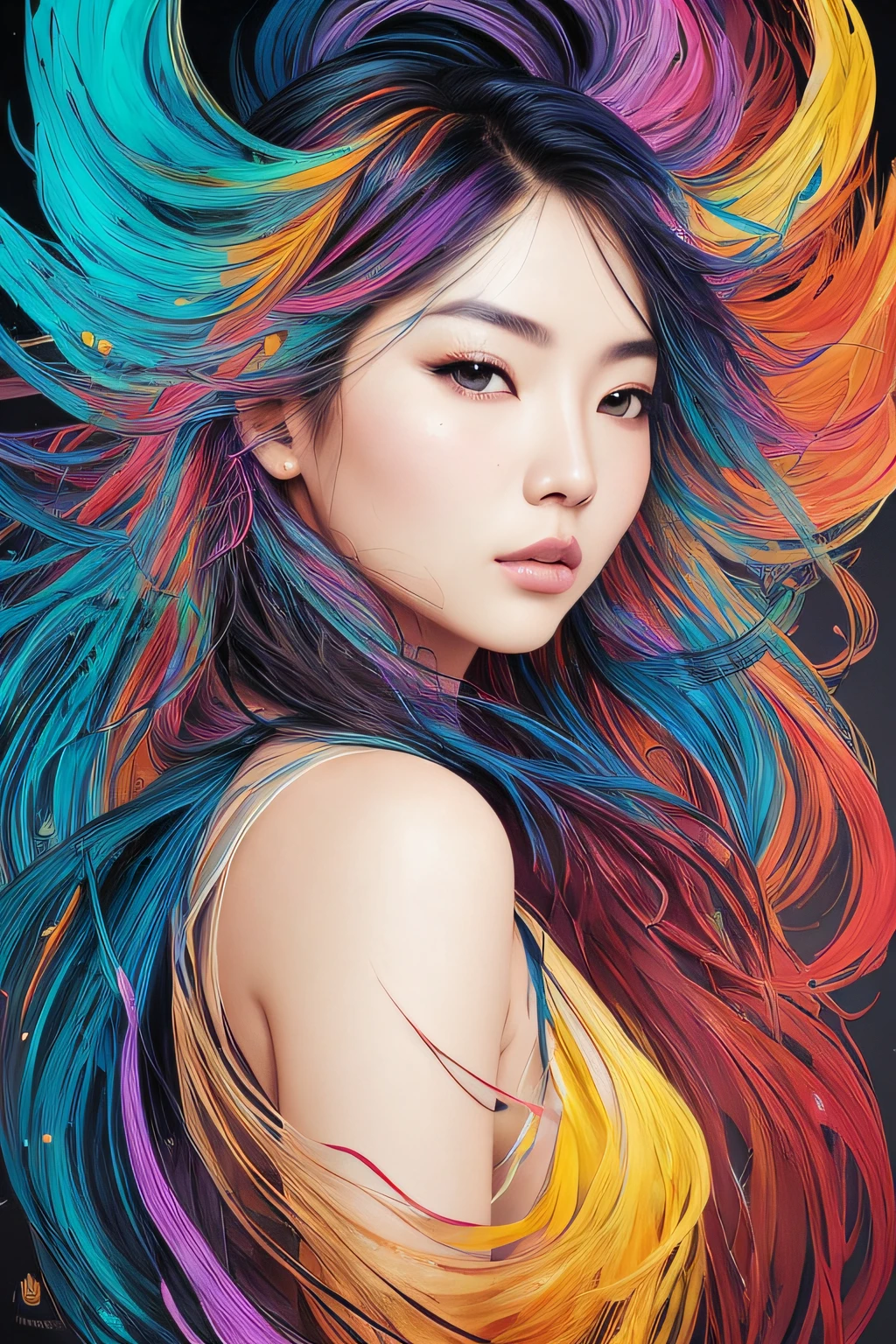 Colorful beautiful asian woman: messy hair, piercing brown eyes, oil painting, ebru, nice perfect face with soft skinice perfect face, blue yellow colors, light purple and violet additions, light red additions, intricate detail, splash screen, 8k resolution, masterpiece, determined face ,artstation digital painting smooth veryBlack ink flow: 8k resolution photorealistic masterpiece: intricately detailed fluid gouache painting: by Jean Baptiste Mongue: calligraphy: acrylic: watercolor art, professional photography, natural lighting, volumetric lighting maximalist photoillustration: by marton bobzert:, complex, elegant, expansive, fantastical, flowy hair, vibrant