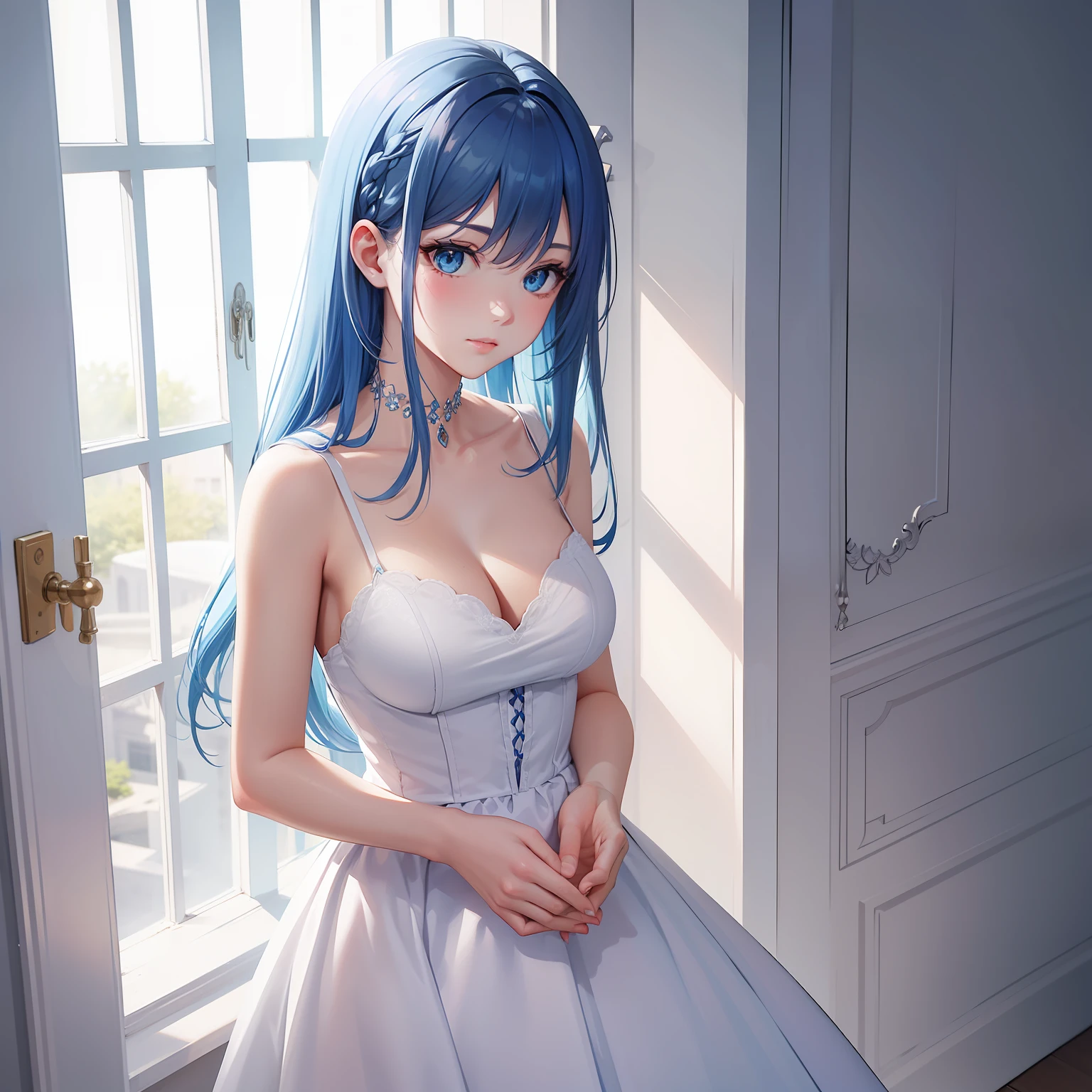 a women, blue hair, blue eyes, white dress
