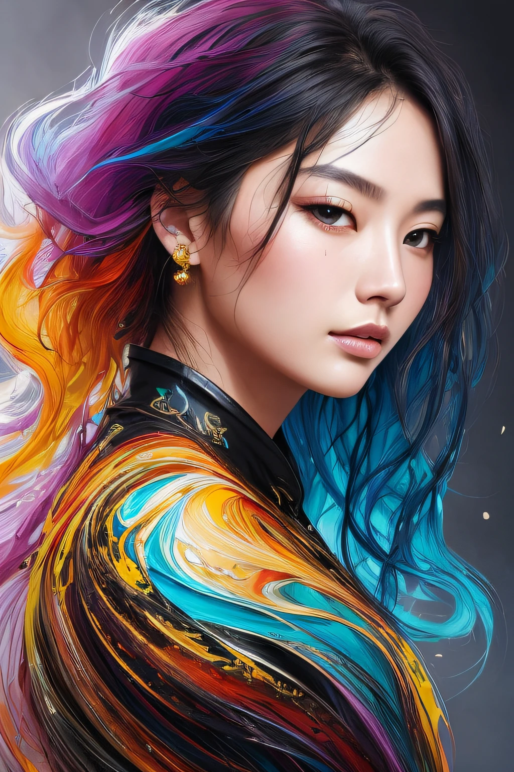 Colorful beautiful asian woman: messy hair, piercing brown eyes, oil painting, ebru, nice perfect face with soft skinice perfect face, blue yellow colors, light purple and violet additions, light red additions, intricate detail, splash screen, 8k resolution, masterpiece, determined face ,artstation digital painting smooth veryBlack ink flow: 8k resolution photorealistic masterpiece: intricately detailed fluid gouache painting: by Jean Baptiste Mongue: calligraphy: acrylic: watercolor art, professional photography, natural lighting, volumetric lighting maximalist photoillustration: by marton bobzert:, complex, elegant, expansive, fantastical, flowy hair, vibrant