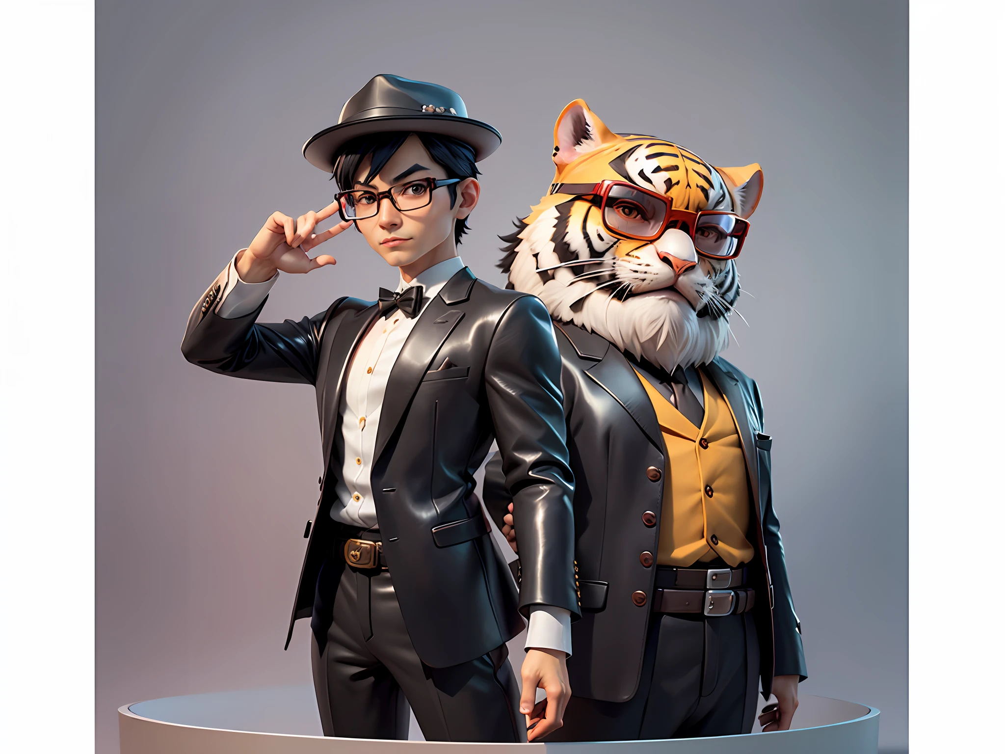 Young man with oriental face in leather hat, tiger, oriental face in formal suit, short black hair, silver glasses, digital painting, 3D character design by Mark Clairedon and Pixar and Hayao Miyazaki and Akira Toriyama, the illustration is a high-definition illustration in 4K resolution with very detailed facial features and cartoon-style visuals.