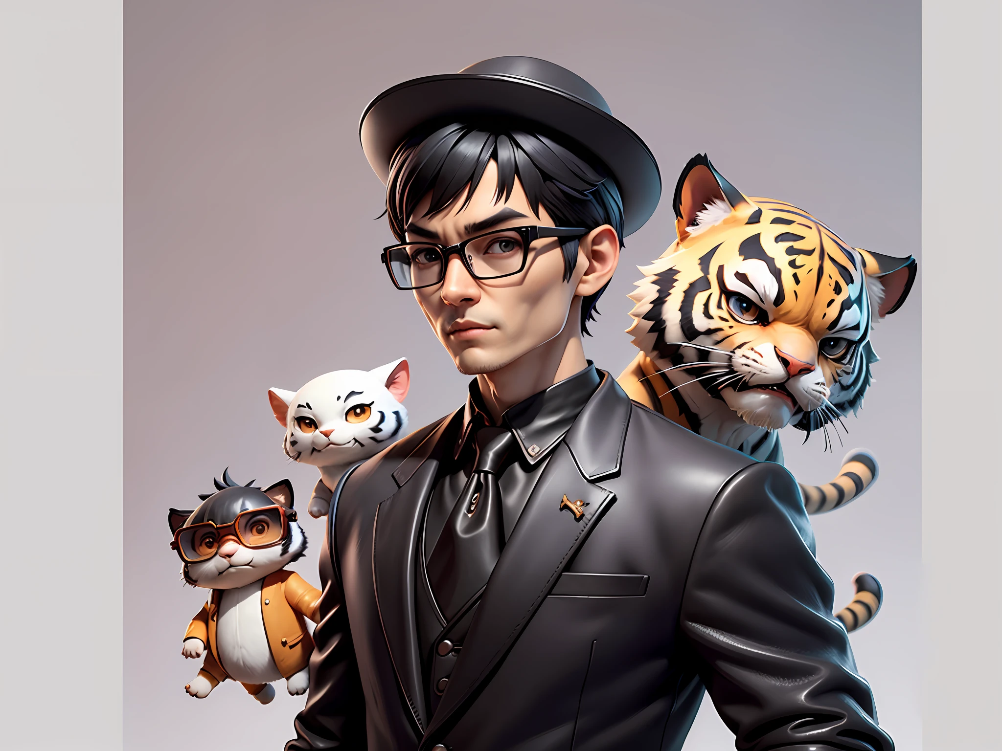 Young man with oriental face in leather hat, tiger, oriental face in formal suit, short black hair, silver glasses, digital painting, 3D character design by Mark Clairedon and Pixar and Hayao Miyazaki and Akira Toriyama, the illustration is a high-definition illustration in 4K resolution with very detailed facial features and cartoon-style visuals.