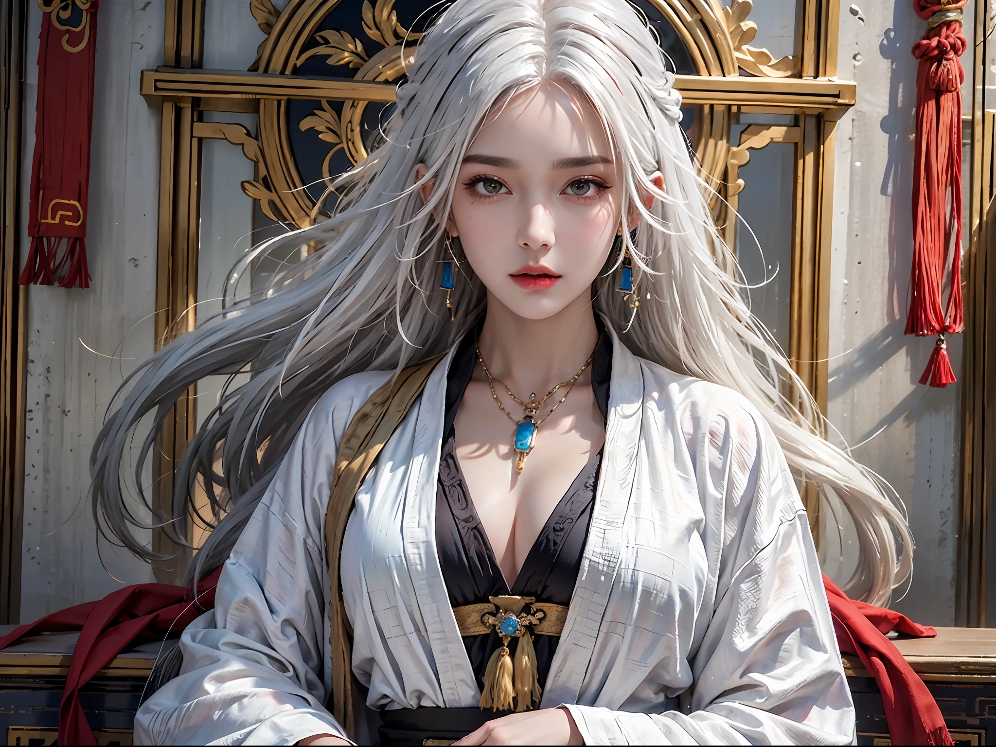 photorealistic, high resolution, 1women, solo, hips up, look at viewer, (detailed face), white hair, long hair, colorful Taoist robe, oversized clothes, jewelry