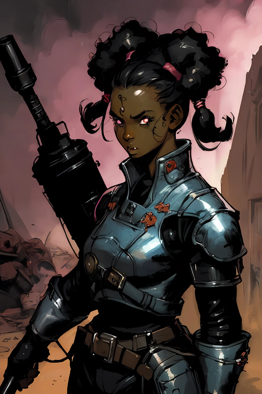 portrait of 1 black  girl, trigger happy, afro pig tails, battle stance,   apocalyptic gear, intense action background, rocket launcher, happy expression,
futuristic,  detailed,  (  methurlant)
dark, dim light, gritty, comic,  
(masterpiece, best quality:1.3),