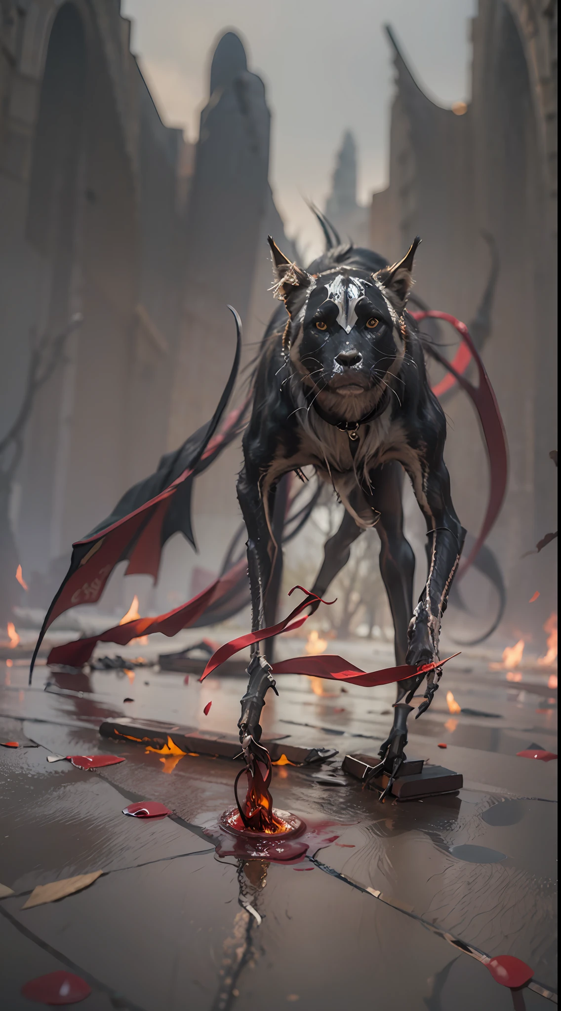 (Messenger from hell:1.4),Look up from the bottom up,hell,magma,火焰,(A strong sense of oppression1.4),(Purple flame:1.3),fresh blood on the ground,blood pond,Dripping blood,(Skeleton is everywhere),((Super huge, Thick and sharp giant claws)),(((Black antique hideous scales))),(((The scales are covered with thick barbs)))((Super thick and terrifying scales)),Black scales cover the whole body,((Eerie transparent ghost:1.4)),(combats,charging up:1.4),Ugly face,full body pov,Black lightning streaked across the sky,(((A tumbling thick sea of clouds is at your feet))),(There was blood everywhere),((Blood dripped from between the paws))stereoscopic perspective,Works of masters,super-fine,4K分辨率,high qulity,电影灯光,High picture detail,Detailed pubic hair,Epic shooting