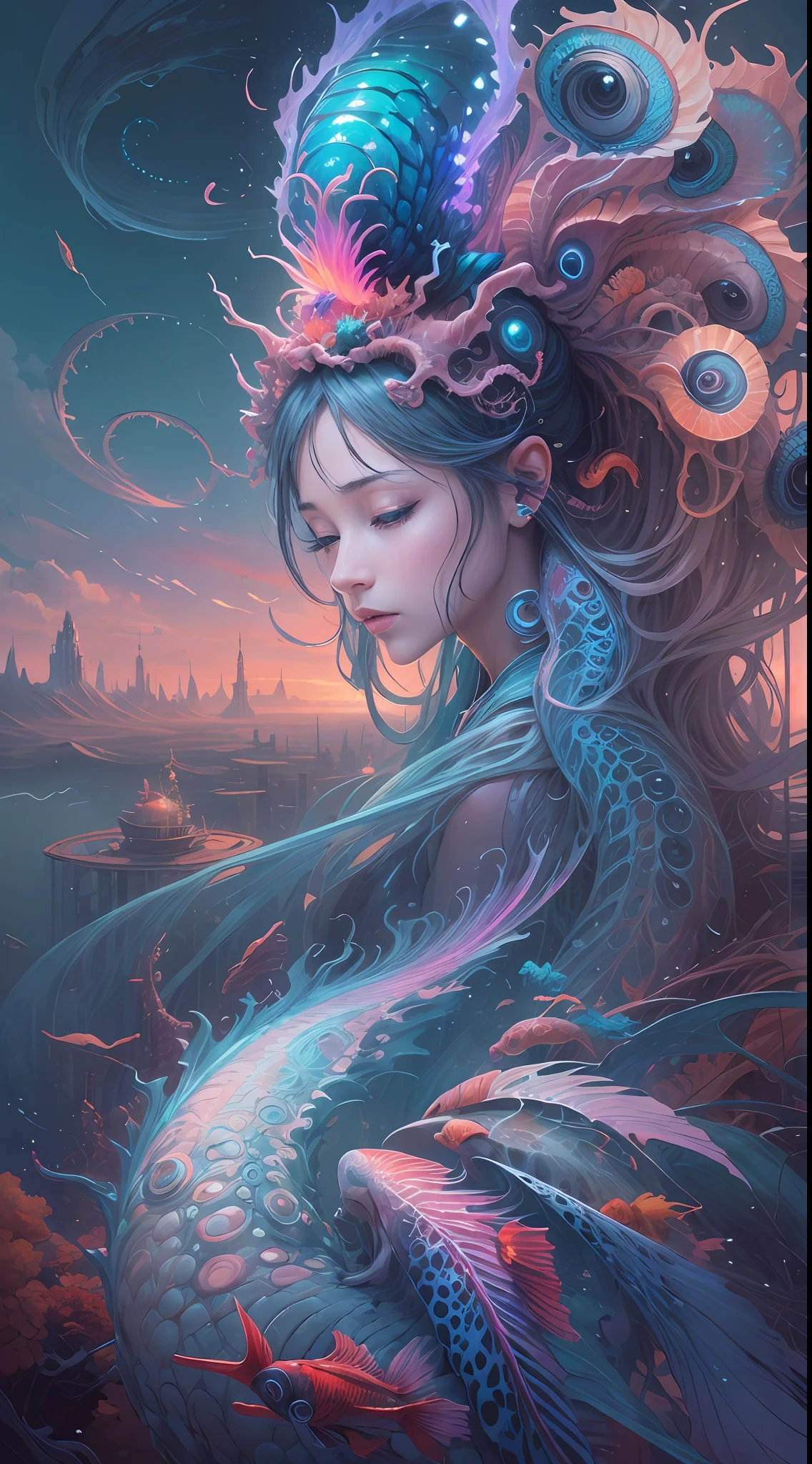 best qualtiy,tmasterpiece,超高分辨率,(photograph realistic:1.4),ultra-realistic realism,Dream-like,The beautiful blue goddess wears a phoenix peacock on her head, Nautilus, a betta fish,The creation of fantasy,Brain conch,Dream Conch,Biopunk Nautilus,Thrilling color scheme, ultra-realistic realism, abstracted, psychedelia,