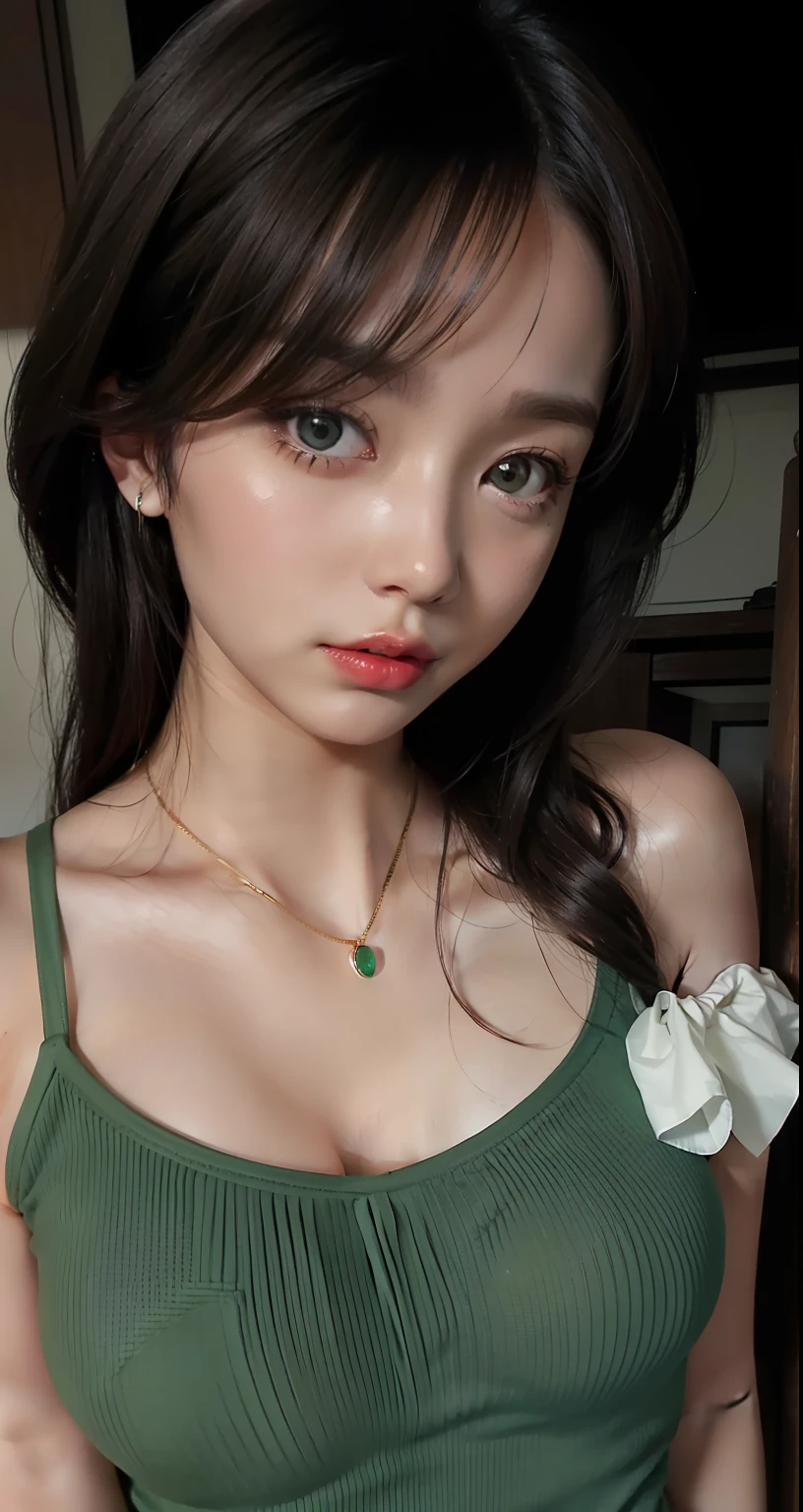 1girl, green tank top, detail face, detail body, 8k resolution, beutiful, red lips,