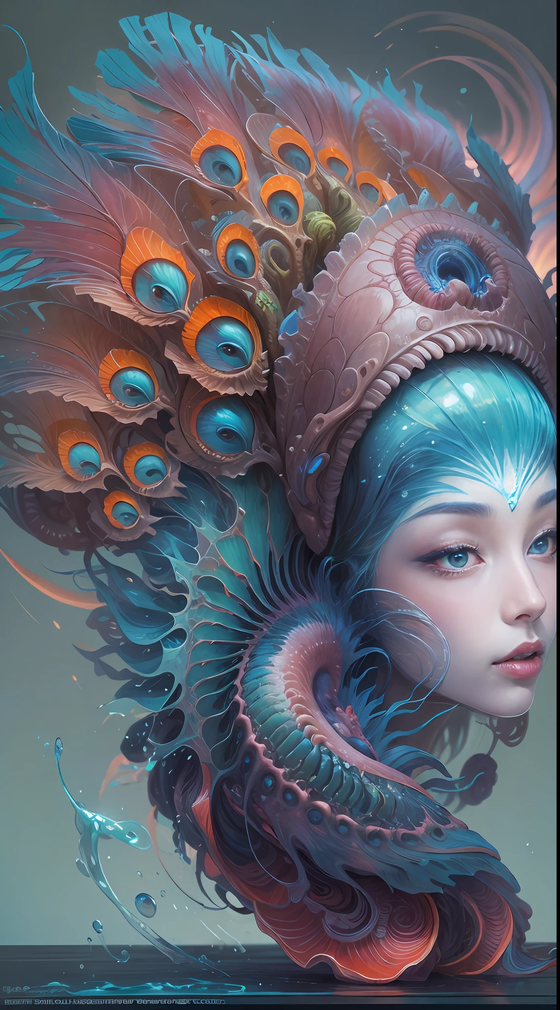 best qualtiy，tmasterpiece，超高分辨率，（photograph realistic：1.4），ultra-realistic realism，Dream-like，The beautiful blue goddess wears a phoenix peacock on her head, Nautilus, a betta fish，The creation of fantasy，Brain conch，Dream Conch，Biopunk Nautilus，Thrilling color scheme， ultra-realistic realism， abstracted， psychedelia,