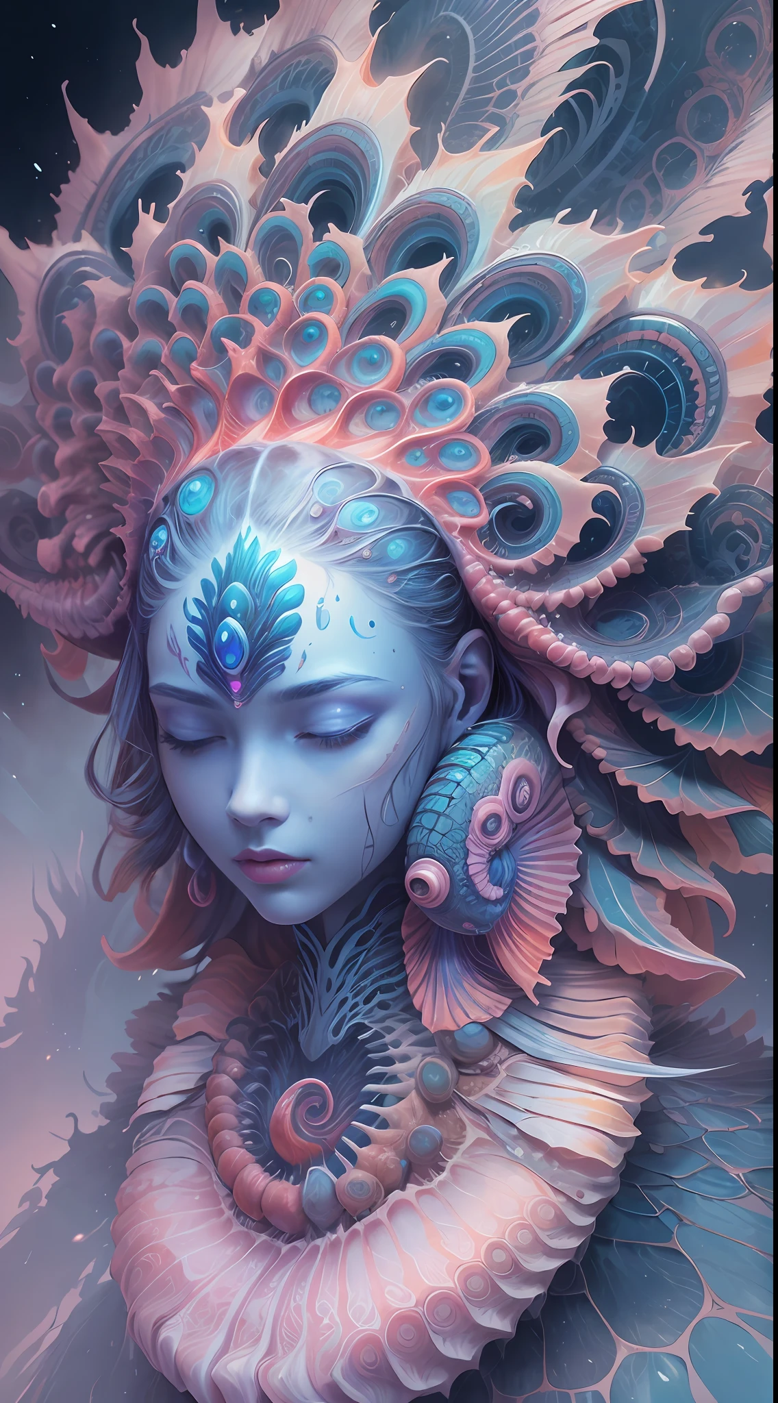 best qualtiy，tmasterpiece，超高分辨率，（photograph realistic：1.4），ultra-realistic realism，Dream-like，The beautiful blue goddess wears a phoenix peacock on her head, Nautilus, a betta fish，The creation of fantasy，Brain conch，Dream Conch，Biopunk Nautilus，Thrilling color scheme， ultra-realistic realism， abstracted， psychedelia,