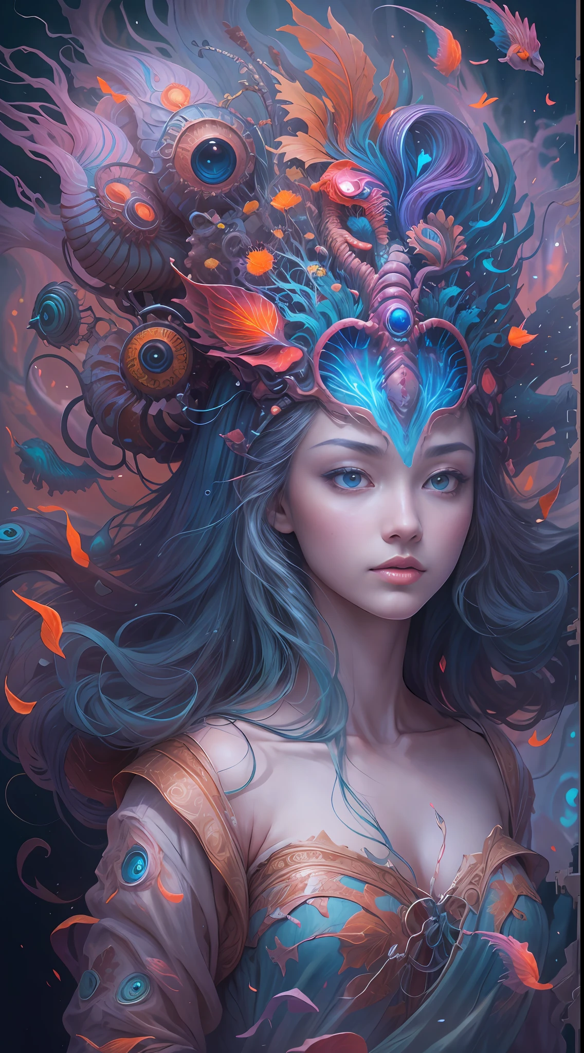 best qualtiy，tmasterpiece，超高分辨率，（photograph realistic：1.4），ultra-realistic realism，Dream-like，The beautiful blue goddess wears a phoenix peacock on her head, Nautilus, a betta fish，The creation of fantasy，Brain conch，Dream Conch，Biopunk Nautilus，Thrilling color scheme， ultra-realistic realism， abstracted， psychedelia,