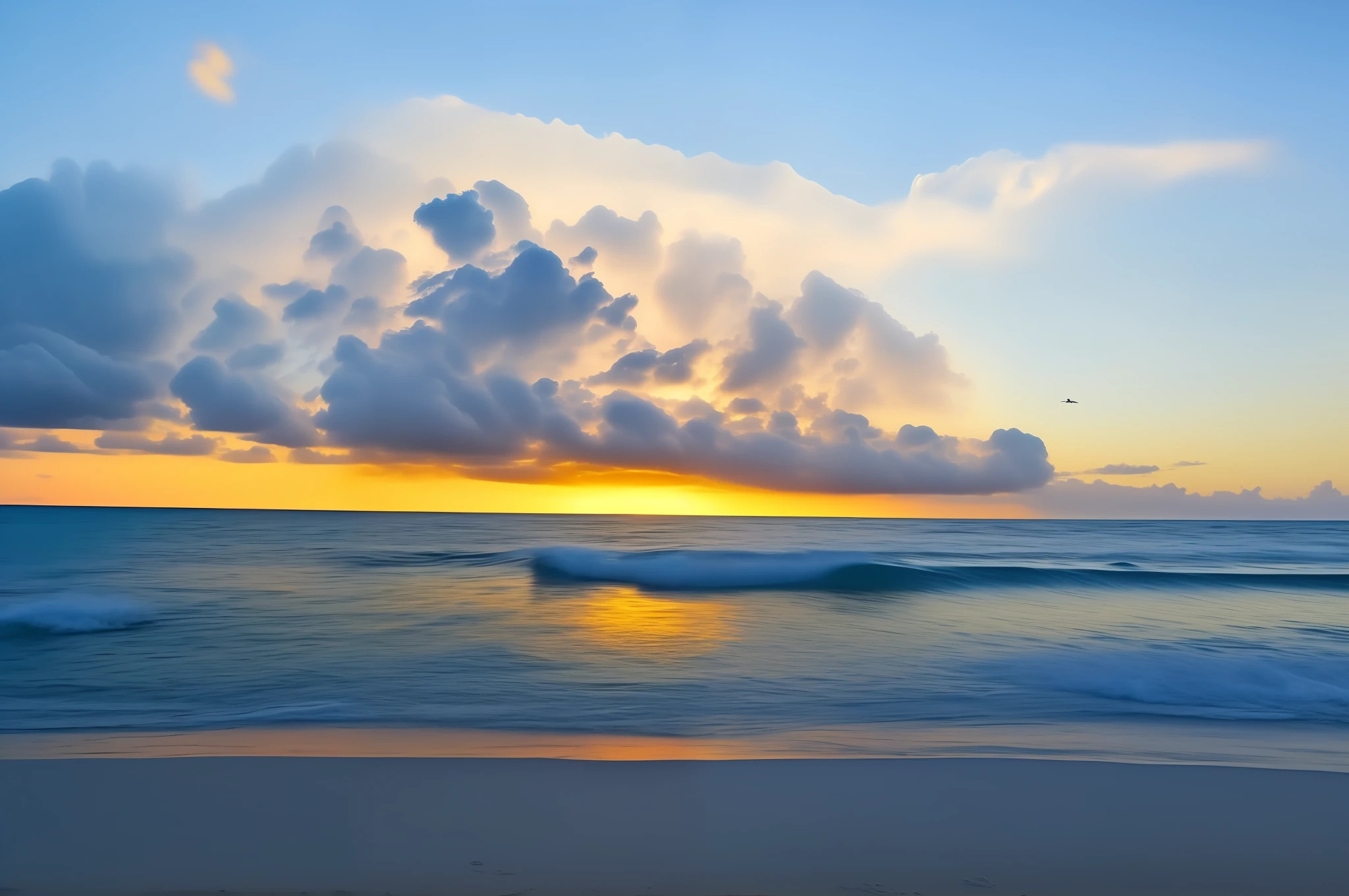 More detailed sea、Sea at sunset、Shining sea、Water surface with fine reflection of light、To fit in、high-level image quality、a picture、Be realistic4k、Most beautiful、Continuously