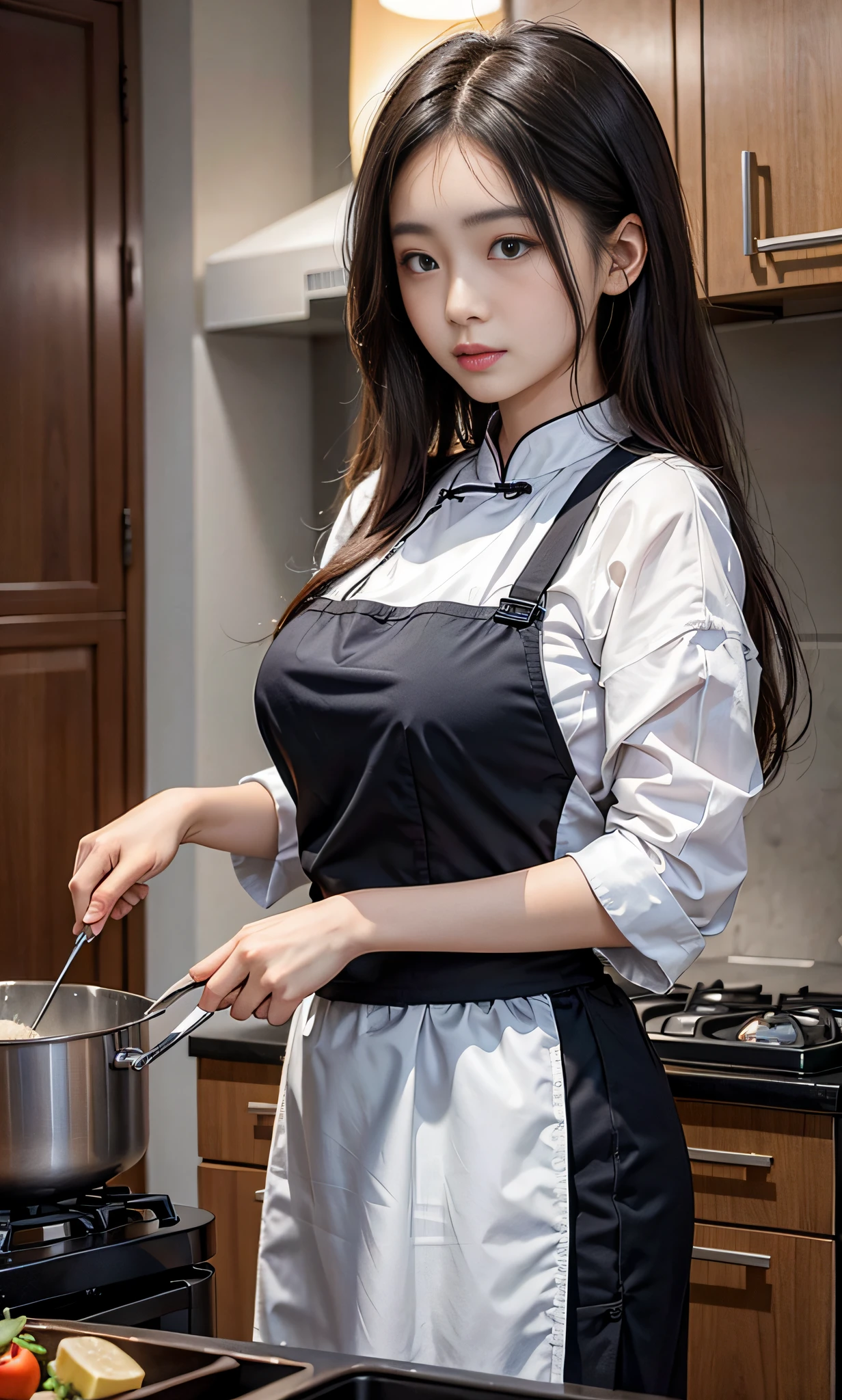 Chinese woman in the kitchen，Cook，Cook，cooking a，voluminous hair，Delicate face，Real girls，largeaperture，比基尼，macro shot，Looking at you，good eyes looking，The is standing，Very plump，