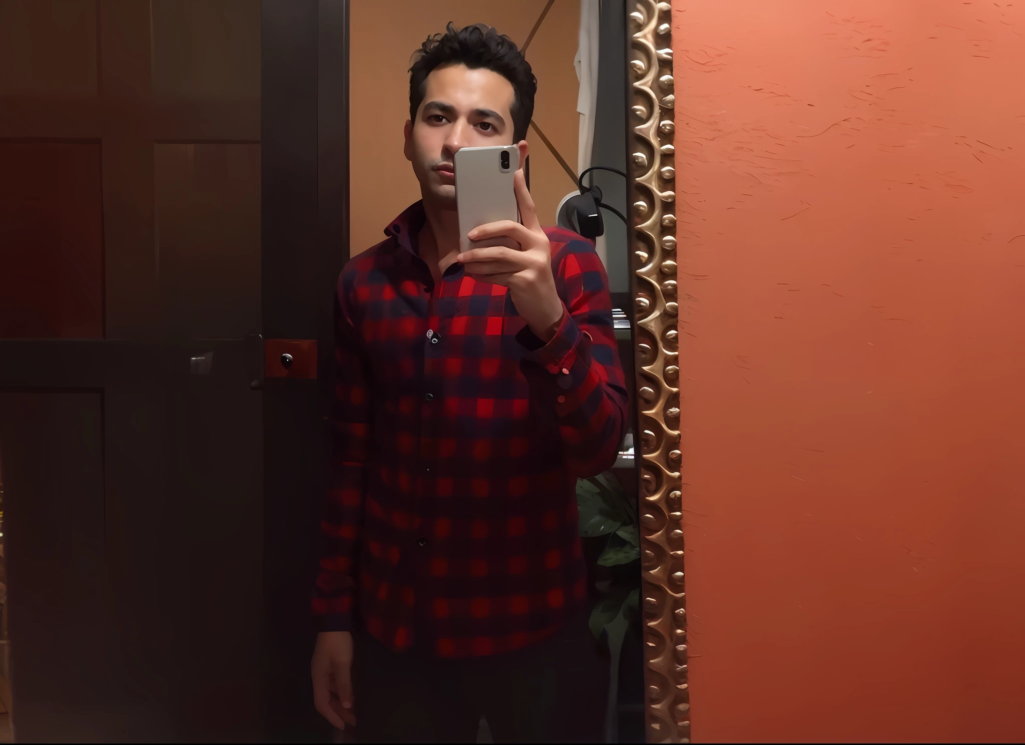 Arafed man taking a selfie in a mirror in a bathroom, wearing a red lumberjack shirt, selfie en espejo, full body photogenic shot, Imagen de cuerpo entero, 2 3 years old, Imagen de perfil, 2 4 years old, foto de perfil, 2 2 years old, Foto de perfil, Foto de perfil, Foto selfie, con una camisa de franela, full body profile camera shot