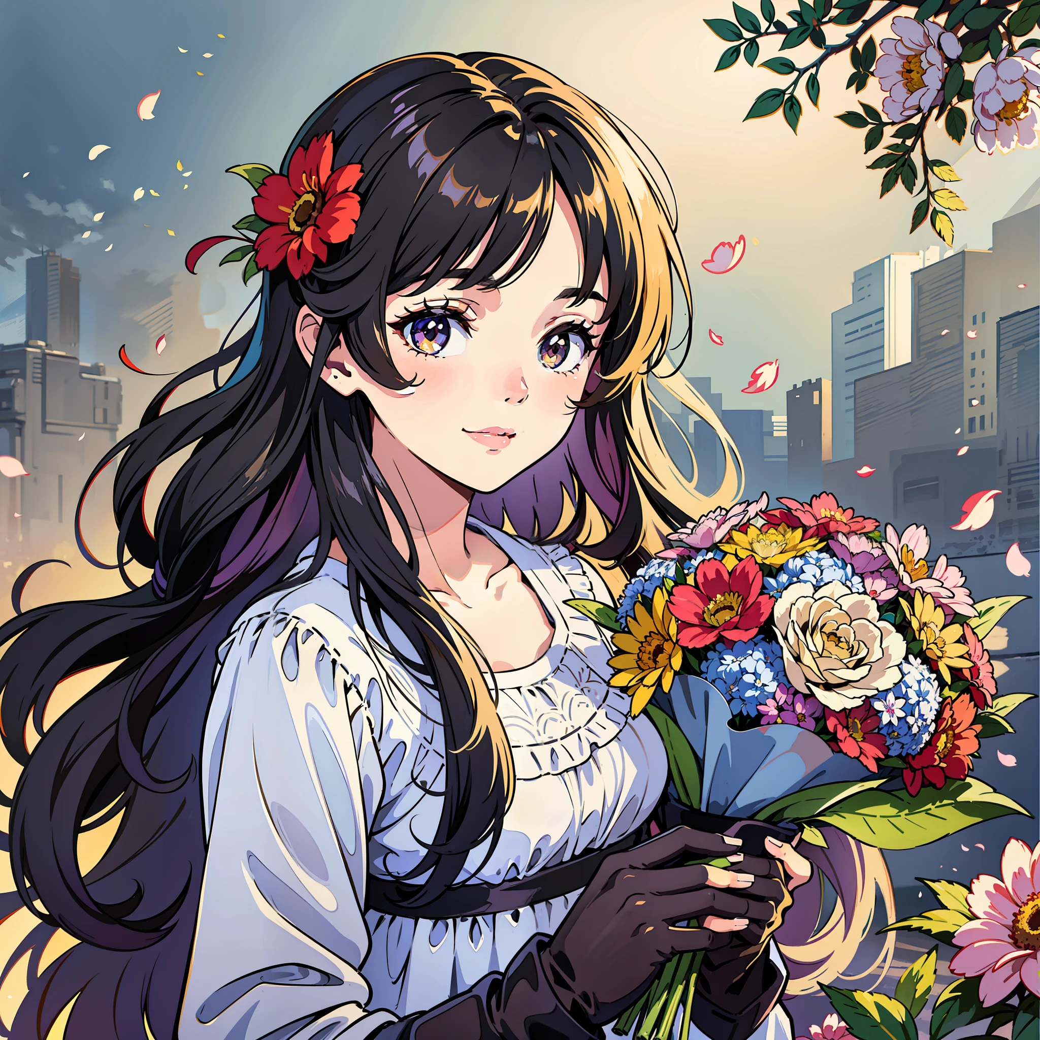 portrait of a young teen girl, upper body, holding a bouquet of colorful flowers, looking happy, long wavy hair, wearing floral dress, warm sunlight on her face, soft focus, intricate details, digital art, 8K resolution