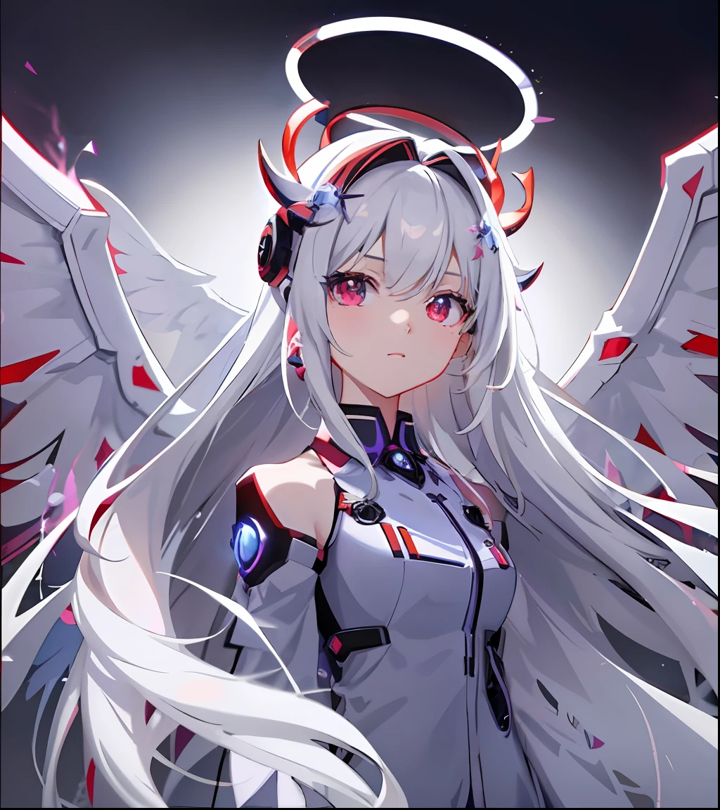 s girl,In a dark room at night,There are angelic wings and halos,Presenting a demon anime girl with a nighttime core theme。Based on Azure channel styles,Combine ethereal and mecha themes,Showcasing anime goddesses and white-haired mysterious characters。Depicting female characters from ethereal anime in a high-quality anime art style,It gives an angelic feeling。