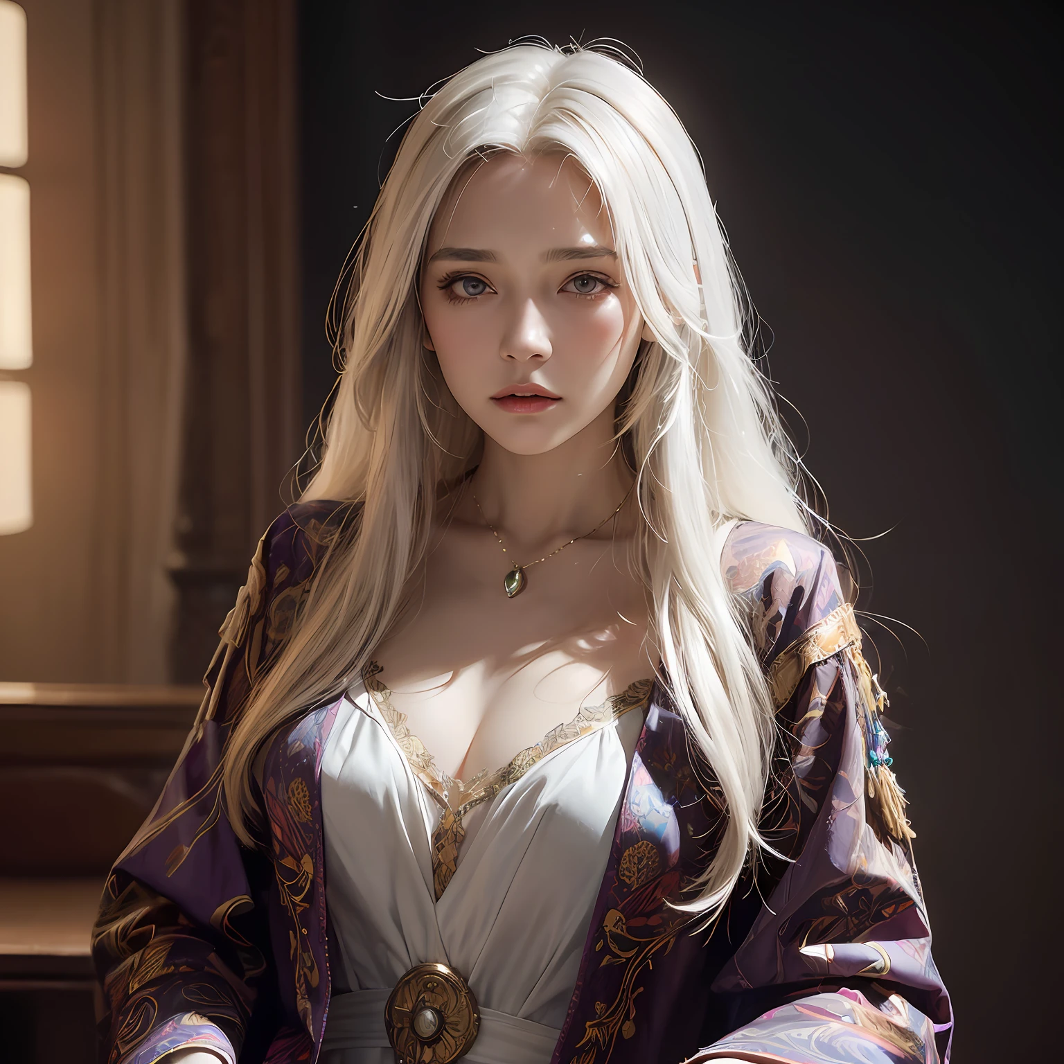 Hyperrealist portrait of female by david hockney and alphonse mucha,fantasy art, photo realistic, dynamic lighting, artstation, poster, volumetric lighting, very detailed faces, 4 k, award winning,, 1girl, in the dark, deep shadow, low key,cowboy shot,(official clothing:1.4) ,long hair,white hair,