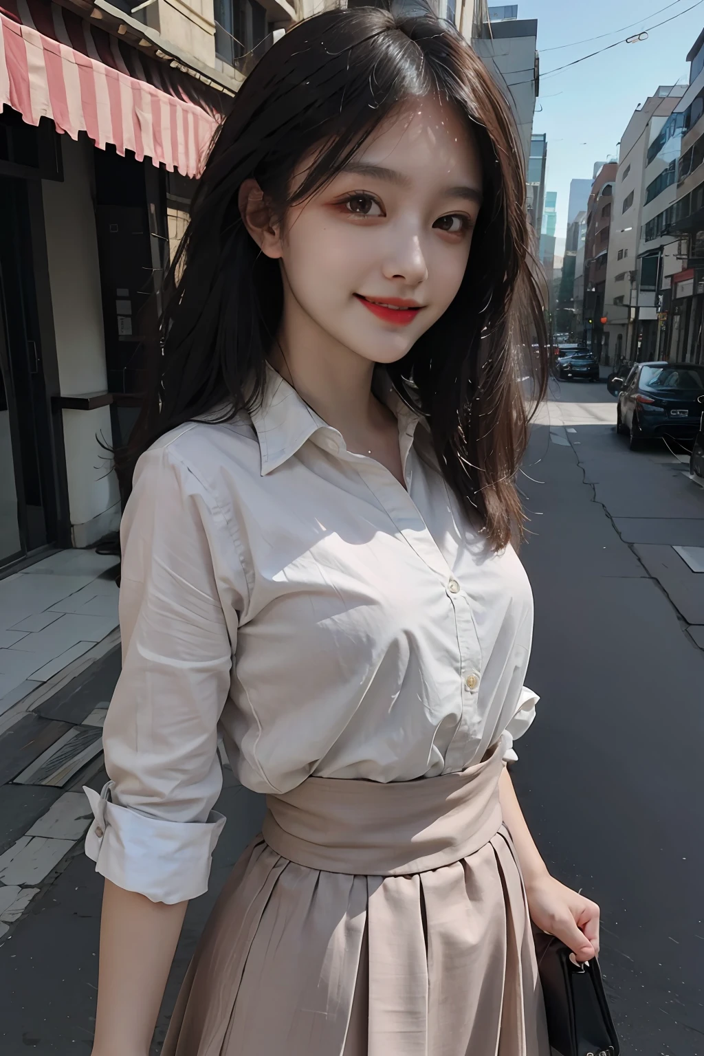Full-HD,streetview,light smile, A detailed eye,photo-realistic hair,Primetime lights,1girll,above waist,photography of,The shirt,pleatedskirt