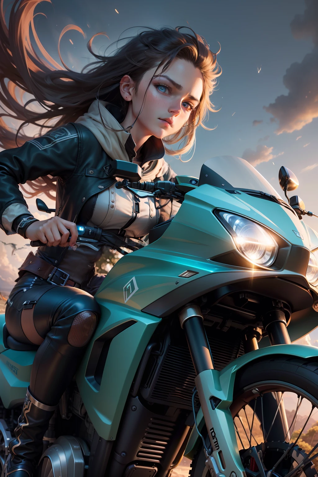8k,ultra - detailed, tmasterpiece, best qualtiy, (The is very detailed), dynamic angle, Mysterious Expression, Wind effect, Fantasy Background, edge lit, cinematric light, A ager riding an electric car