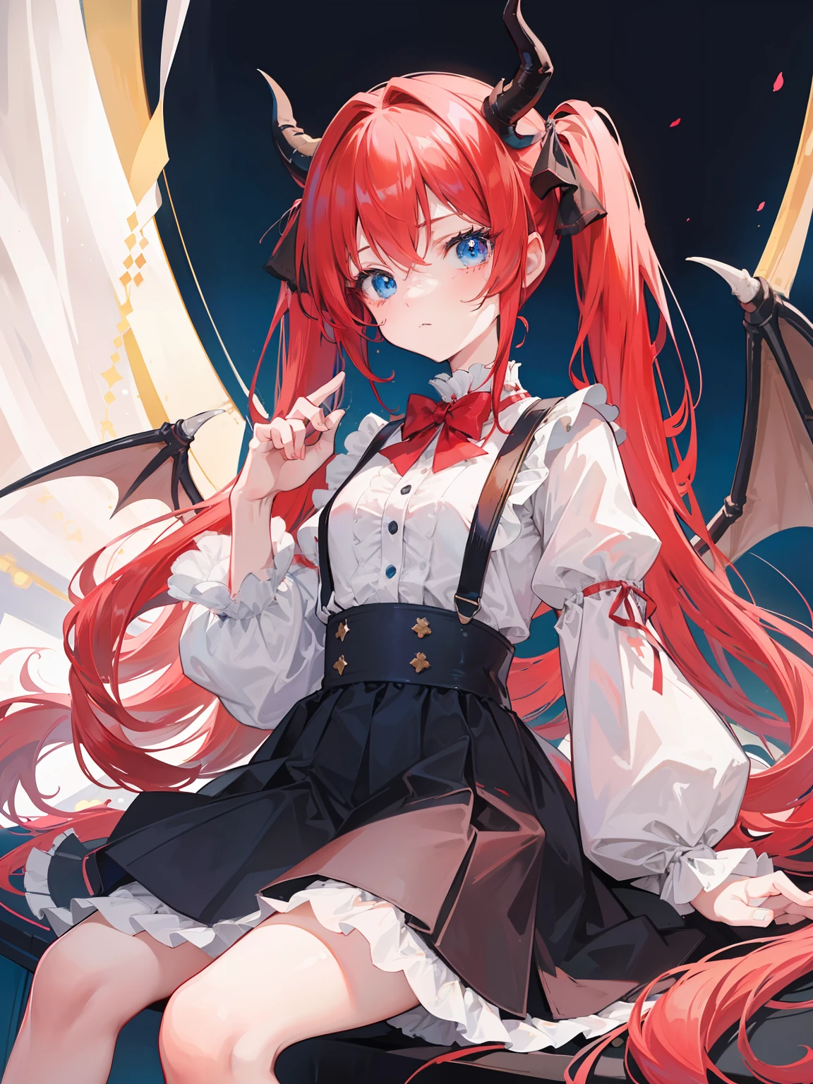 {{best quality}}, {{masterpiece}}, {{ultra-detailed}}, {illustration}, {detailed light}, red hair,blue eyes,twintails,lolita,Suspenders skirt,Fantastic,loli,solo,Dragon horns,little girl,long hair