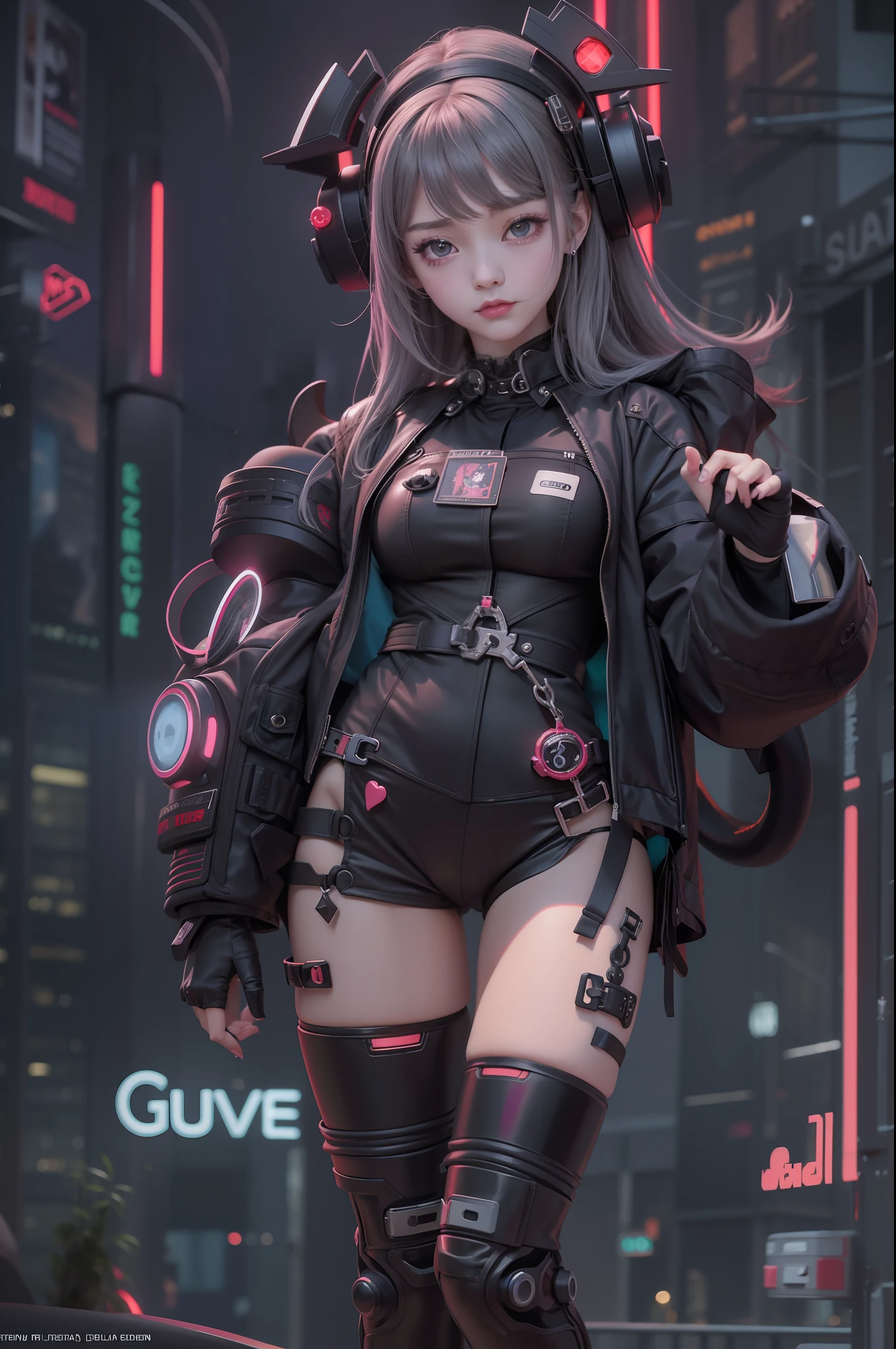 goth loli，Raised sexy，Cute expressions，onesie，Full body photo，Guvez style artwork，cyberpunk anime girls mecha，Trends on CGiStations，Guviz，Russell Dongjun Lu，Ross Tran 8 K，Guweiz on ArtStation Pixiv ，