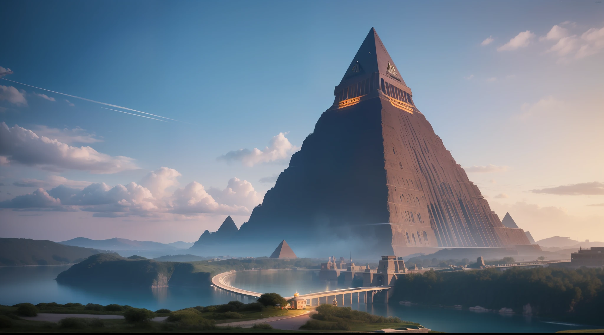 Lost civilization，Full of fantasy，atlantean，totem，pyramid，Plank，the trees，Custer landforms，Small city construction，The fire burst into the sky，Photoreality，tmasterpiece，hentail realism，Photoreality，hight contrast，8K high-definition，Render the atmosphere，A detailed，ultra - detailed，超A high resolution，(真实感:1.4)，A high resolution，A detailed，richcolors
