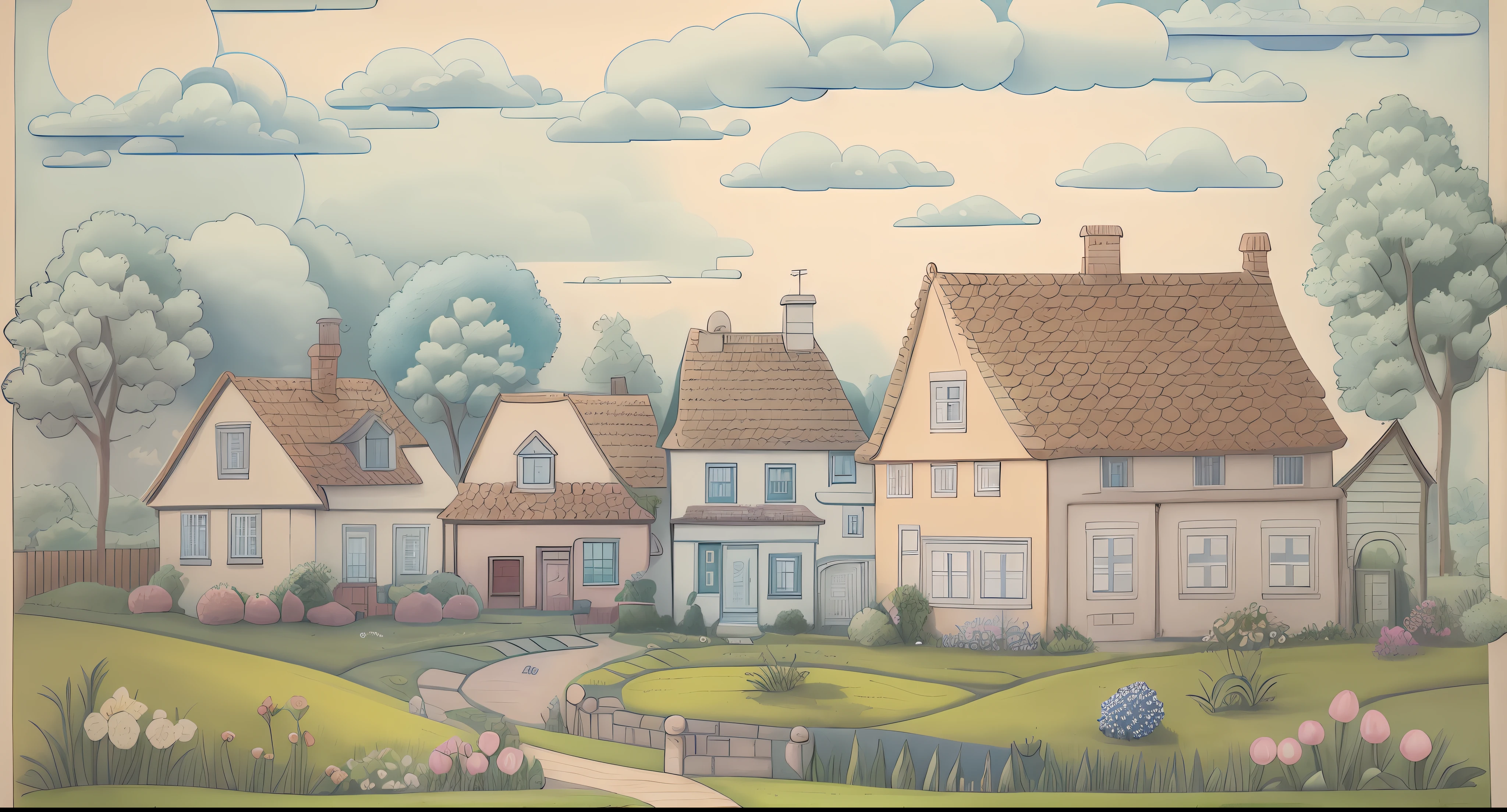 Color drawing of a house with a garden, highly-detailed illustration, highly-detailed illustration, some houses in the background, countryside city scene, Cottage town, town background, very detailed illustration, quaint village, Pure ink, Detailed line drawing, Houses & Buildings, higher detailed illustration, higly detailed