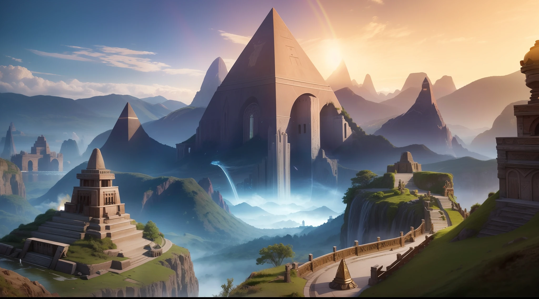 Lost civilization,Full of fantasy,atlantean,totem,pyramid,Plank,the trees,Custer landforms,Small city construction,The fire burst into the sky,Photoreality,tmasterpiece,hentail realism,Photoreality,hight contrast,8K high-definition,Render the atmosphere,A detailed,ultra - detailed,超A high resolution,(真实感:1.4),A high resolution,A detailed,richcolors