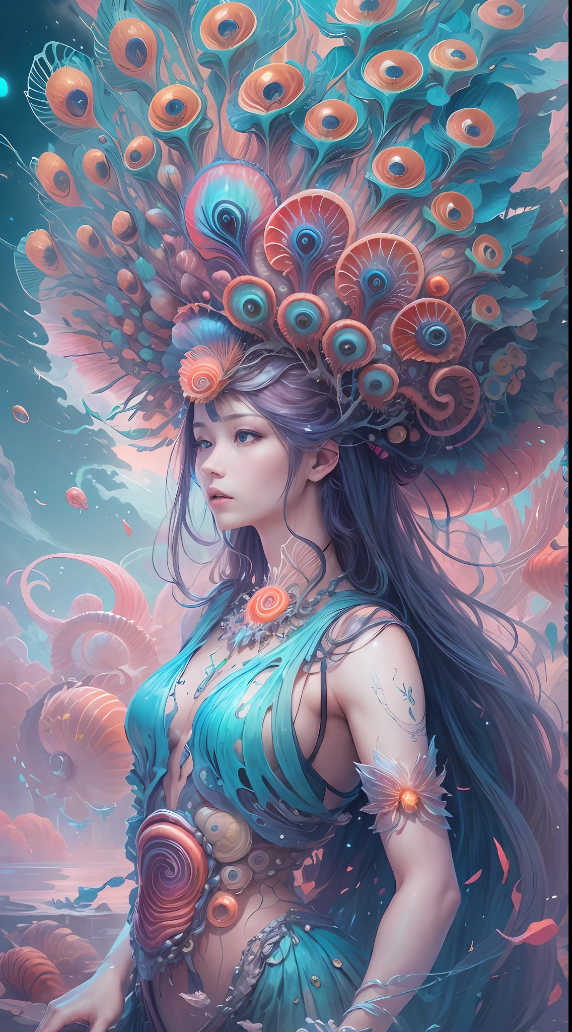 best qualtiy,tmasterpiece,超高分辨率,(photograph realistic:1.4),ultra-realistic realism,Dream-like,The beautiful blue goddess wears a phoenix peacock on her head, Nautilus, a betta fish,The creation of fantasy,Brain conch,Dream Conch,Biopunk Nautilus,Thrilling color scheme, ultra-realistic realism, abstracted, psychedelia,