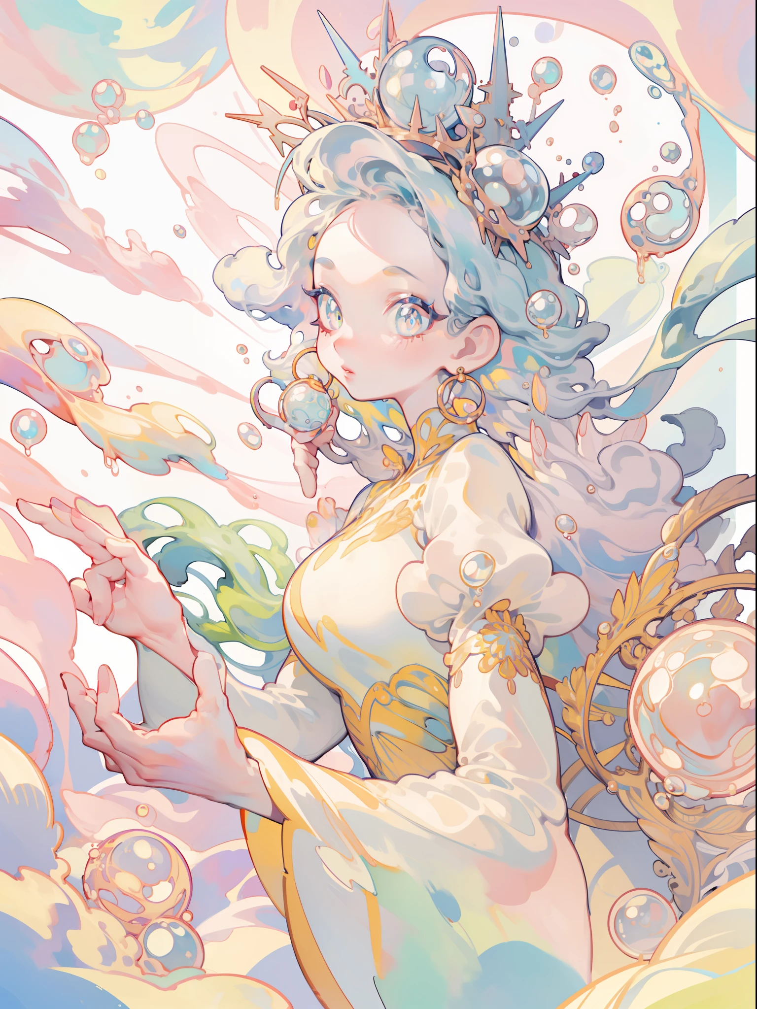 masterpiece, best quality, 8k resolution, sharp focus, intricate detail, beautiful girl, sparkling eyes, golden ratio face, otherworldly liquid, watercolor, pastel colors, bright colors, whimsical, colorful, sharp focus, high resolution, fine detail, liquid ballgown, ((round eyes)), iridescent bubbles