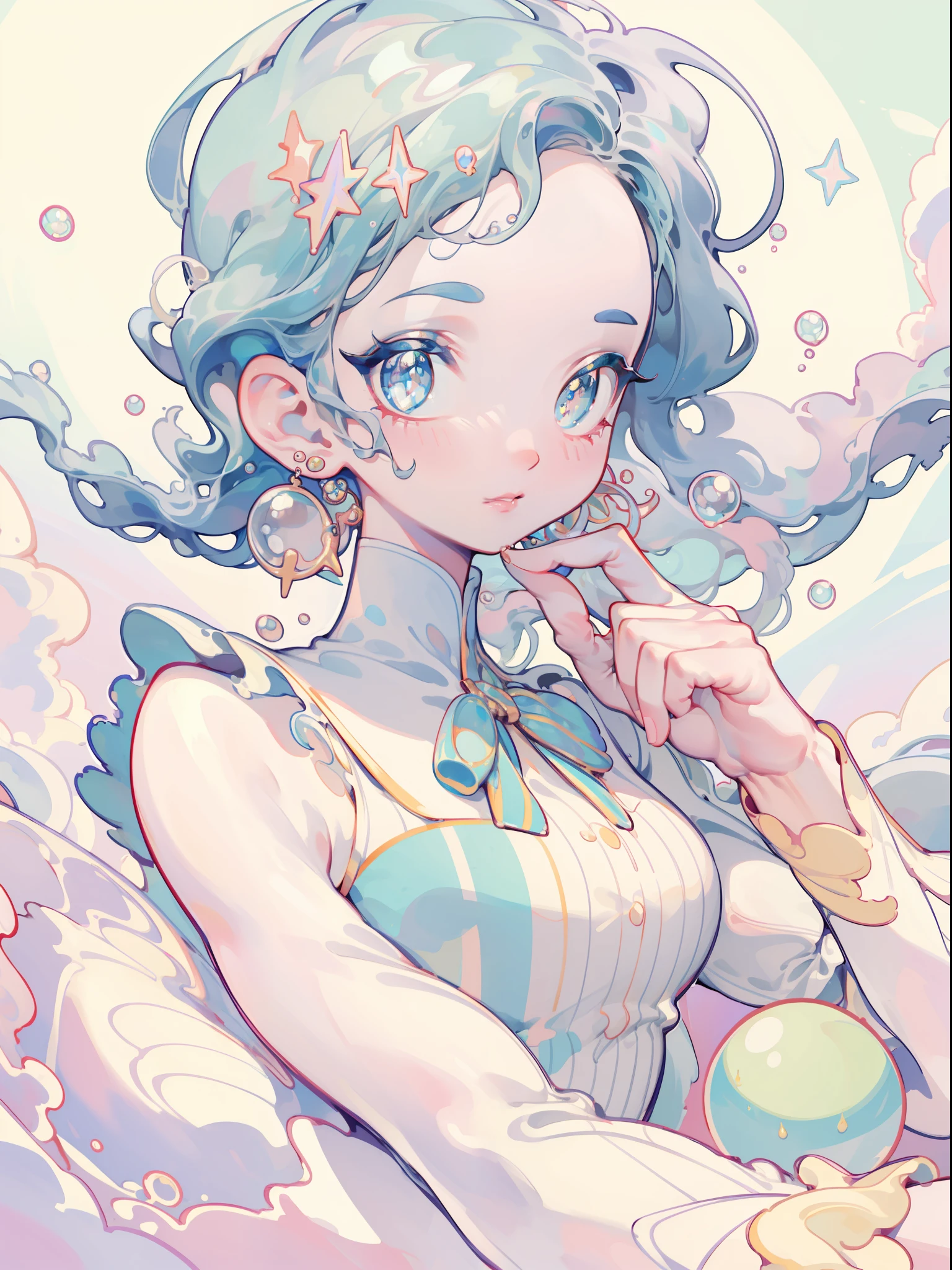 masterpiece, best quality, 8k resolution, sharp focus, intricate detail, beautiful girl, sparkling eyes, golden ratio face, otherworldly liquid, watercolor, pastel colors, bright colors, whimsical, colorful, sharp focus, high resolution, fine detail, liquid ballgown, ((round eyes)), iridescent bubbles