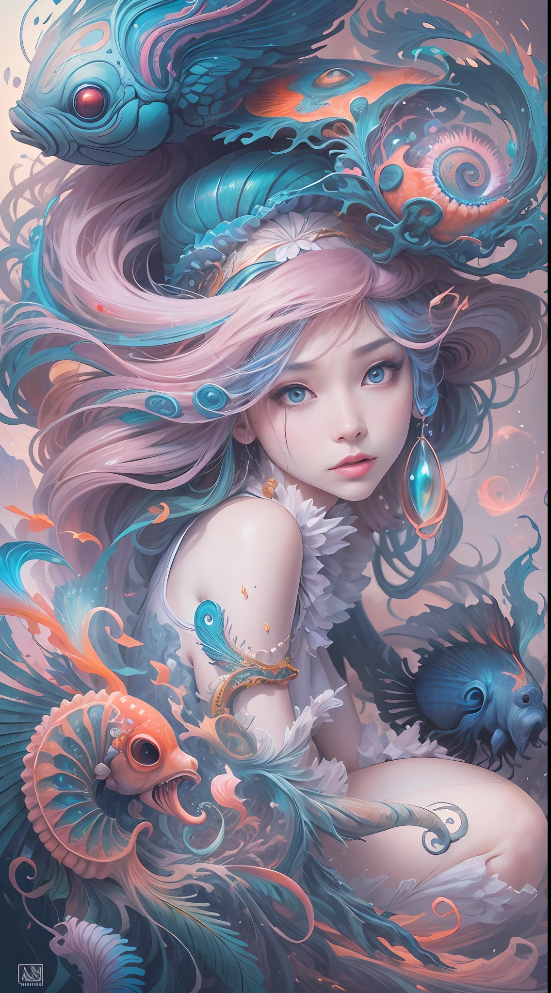 best qualtiy，tmasterpiece，超高分辨率，（photograph realistic：1.4），ultra-realistic realism，Dream-like，The beautiful blue goddess wears a phoenix peacock on her head, Nautilus, a betta fish，The creation of fantasy，Brain conch，Dream Conch，Biopunk Nautilus，Thrilling color scheme， ultra-realistic realism， abstracted， psychedelia,