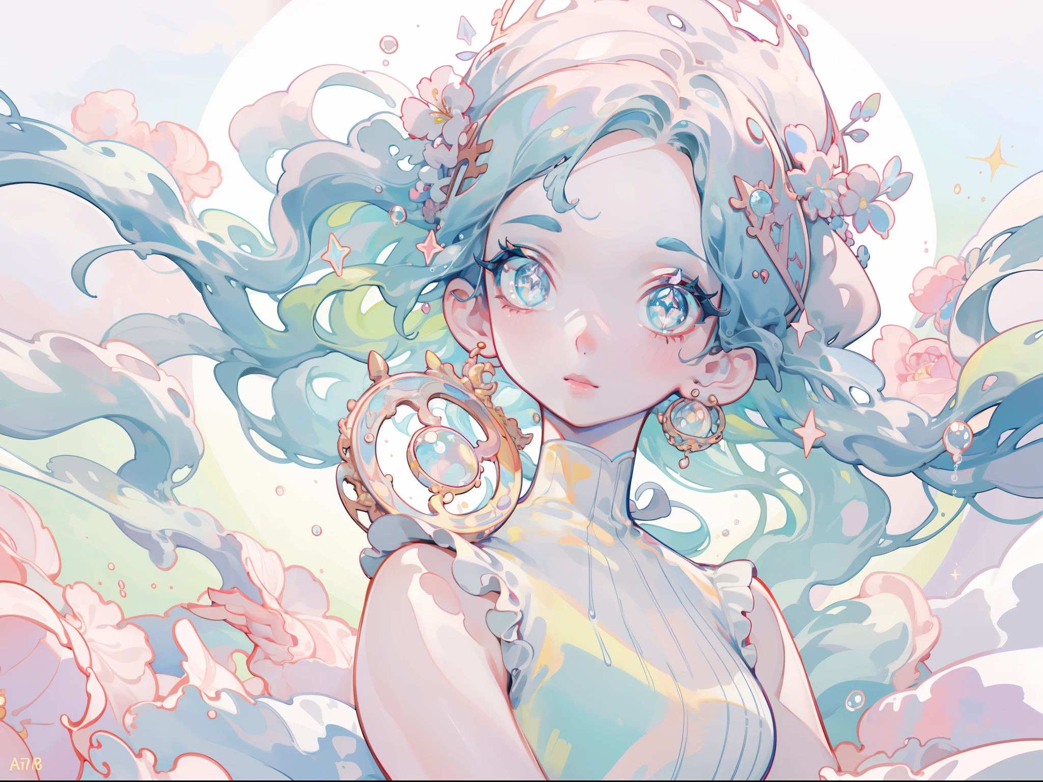 masterpiece, best quality, 8k resolution, sharp focus, intricate detail, beautiful girl, sparkling eyes, golden ratio face, otherworldly liquid, watercolor, pastel colors, bright colors, whimsical, colorful, sharp focus, high resolution, fine detail, liquid ballgown, ((round eyes)), iridescent bubbles