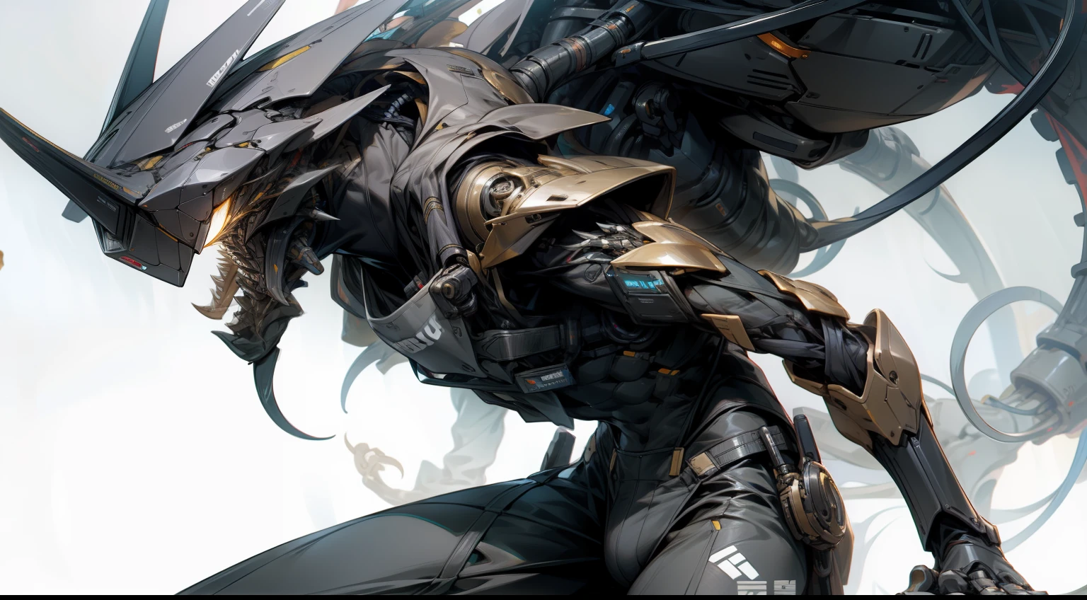 a skinny humanoid robot with a scorpion tail and multiple blades, male gender