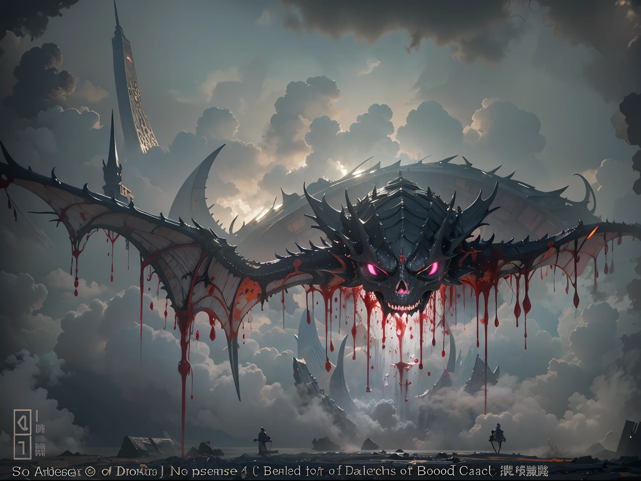 (Messenger from hell:1.4),Look up from the bottom up,hell,magma,火焰,(A strong sense of oppression1.4),(Purple flame:1.3),fresh blood on the ground,blood pond,Dripping blood,(Skeleton is everywhere),((Super huge, Thick and sharp giant claws)),(((Black antique hideous scales))),(((The scales are covered with thick barbs)))((Super thick and terrifying scales)),Black scales cover the whole body,((Spooky transparent ghost:1.4)),(Transparent glow:1.4),strong lights,(combats,charging up:1.4),Ugly face,full body pov,Black lightning streaked across the sky,(((A tumbling thick sea of clouds is at your feet))),(There was blood everywhere),((Blood dripped from between the paws))stereoscopic perspective,Works of masters,super-fine,4K分辨率,high qulity,电影灯光,High picture detail,Detailed pubic hair,Epic shooting