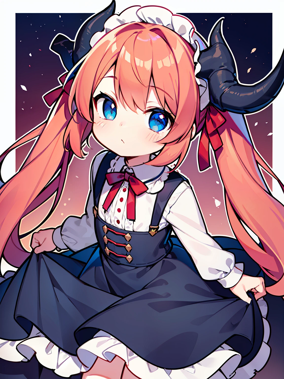 {{best quality}}, {{masterpiece}}, {{ultra-detailed}}, {illustration}, {detailed light}, red hair,blue eyes,twintails,lolita,Suspenders skirt,Fantastic,loli,solo,Dragon horns,little girl,long hair