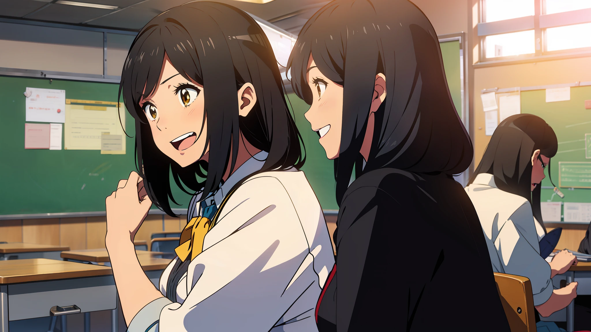 high school classroom,A yellow skin,Girl with black hair,big laughter