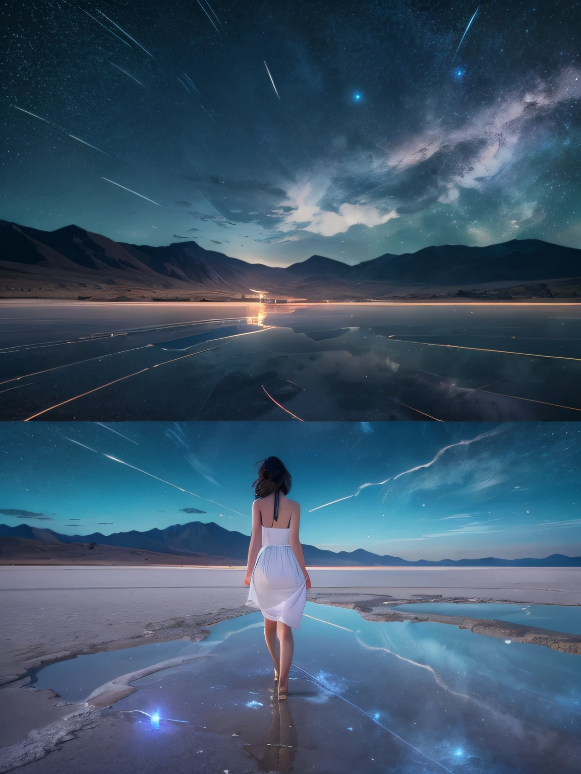 top-quality、masterpiece、8K、Photorealsitic、1girl in,Wearing a white camisole dress、Uyuni Salt Flat、Reflecting the starry sky in all directions and the Milky Way in the summer night sky. A girl walks in the middle of it, Surrounded by stars and mysterious meteors in the night sky, Create stunningly beautiful scenes.