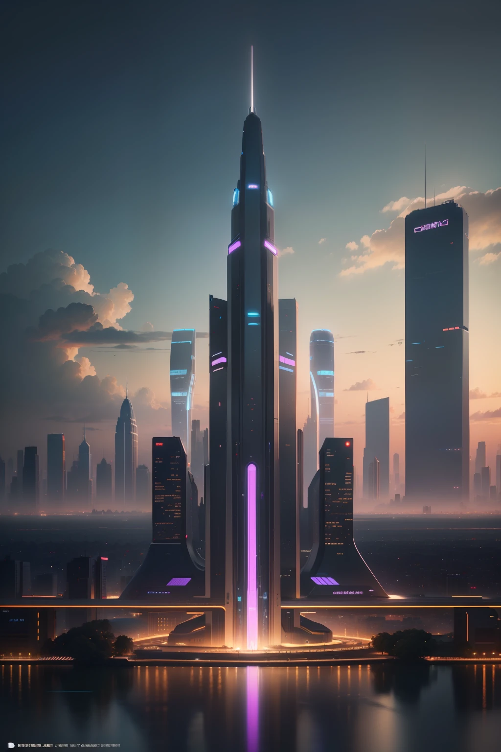City skyline view with lake and park, illustration by Cha Shibiao, shutterstock, Art Nouveau, Shenzhen, Shenzhen, Shenzhen. Guangjian, the ultra-wide view of the urban landscape, the sci-fi buildings that break through the imagination, all buildings have a sense of technology and are full of technology. A sci-fi blockbuster with a sense of sight. There are flying saucers and spaceships looming in the sky. Architecture combined with lighting. Neon building. Beautiful city of the future, beautiful cityscape, tech city background, Hou porcelain, with a city in the background. Inspired by Makoto Shinkai's popular concept art and masterpieces on pixiv, vision (wide angle lens), super high resolution (fidelity: 1.4), super high quality, extremely detailed CG Unity 8k wallpapers, aesthetics, award winning photography, real High Detail, Detail Enhancement, Blur Removal, Intricacy, Traveling Art. Visually stunning. Beautiful future city, beautiful city, dream land of Chinese people, pexels, blue hour photography, Chinese dreamland, spectacular clouds, fantasy clouds.