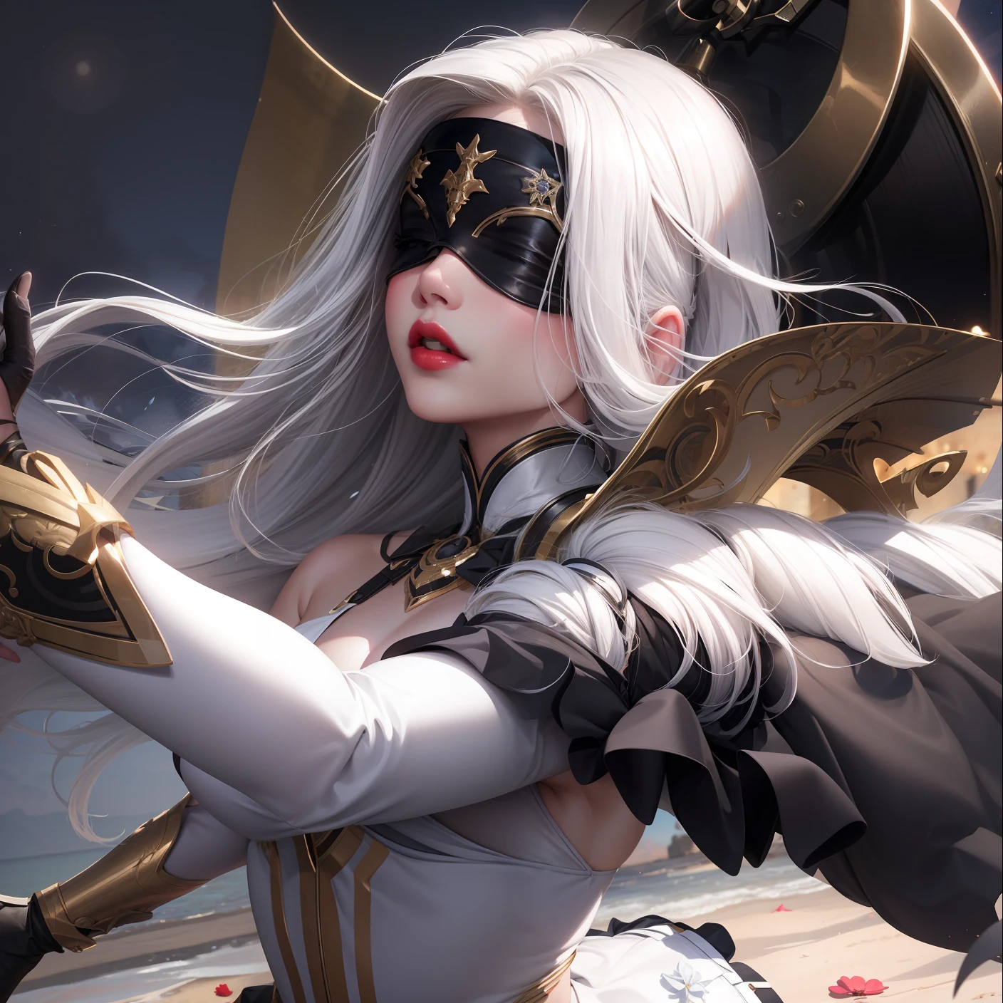 realistic, 1girl, white hair, crop top, skirt, parted lips, blush, night, flowers, sun, sunlight, black blindfold, purpel lips, beautiful lips