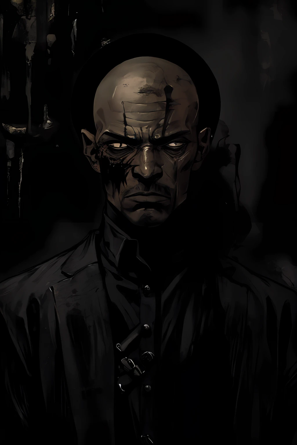 "Black bald male with a somber expression and the left half of his face is rotten flesh, dressed in all black assassin gear. The scene is gritty, comic, and eerie. The artwork is a masterpiece with the best quality, emphasizing the dark and twisted nature of the character."