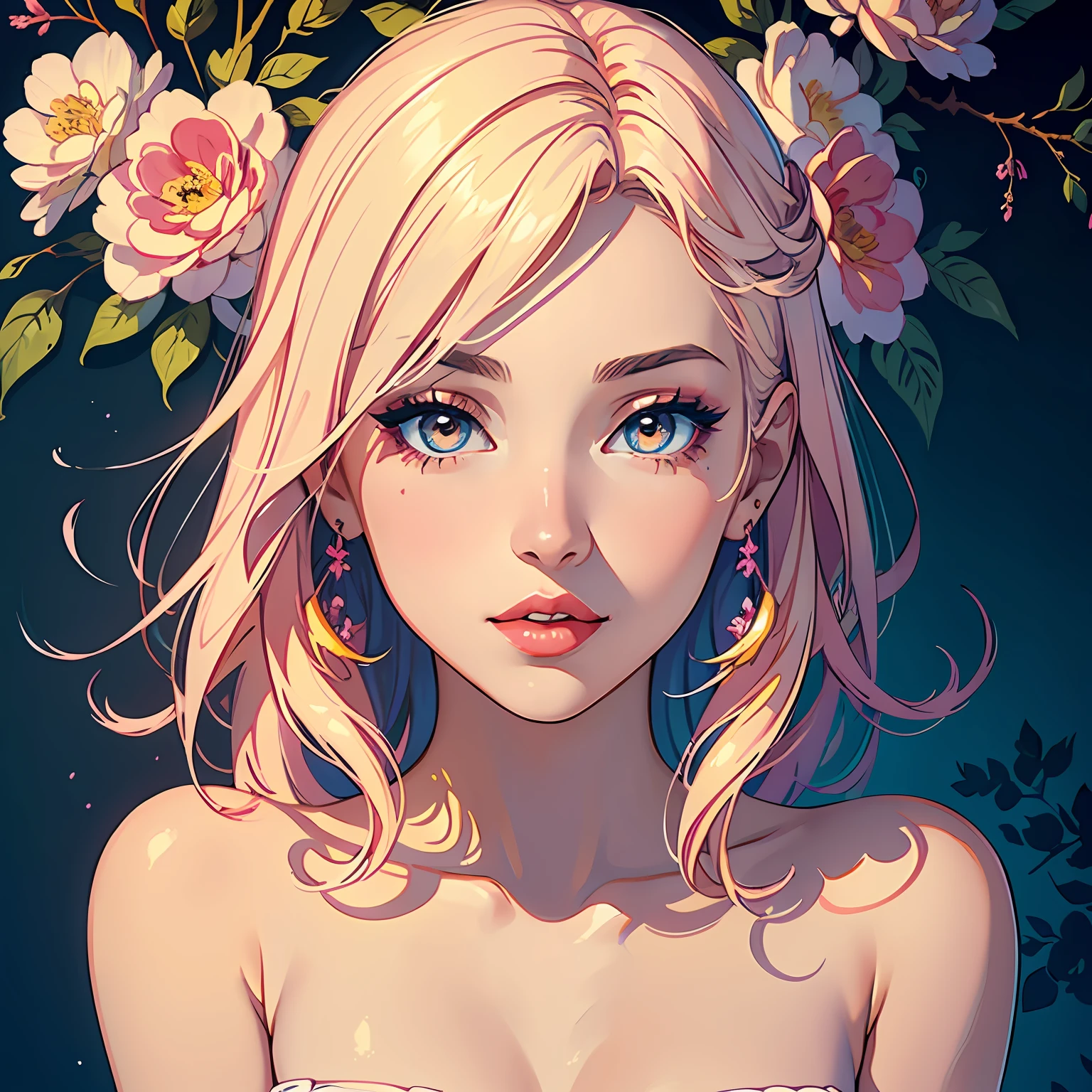 (Beautiful girl with full lips and enchanting scent),(painting, drawing, or digital art), multicolored/gradient lips,(floral background:1.2)