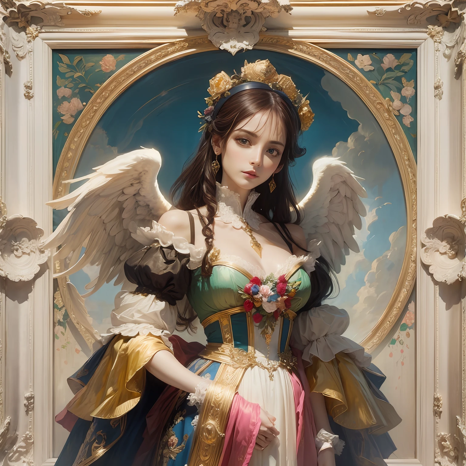 a paradise，angelicales，Masterpiece, ornate frame, Detailed, Delicate gold frame, Intricate details, Hyperrealistic, high resolution, oil art, Extremely detailed, Photorealistic, Stylized, elegant, Classical art, conceptual art, CLASSICSTYLE, Large frame oil painting, Symbolism, Chiaroscuro, Rococo art