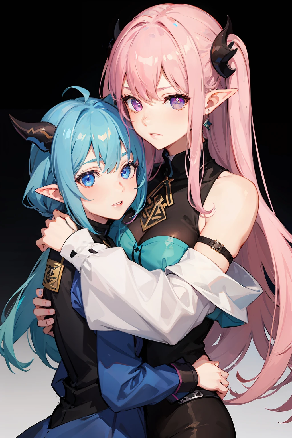 (2girls), [[mostima from arknights, blue hair, delicate black horns, blue eyes]], [[hilda from fire emblem three houses, pink hair, pink eyes, pigtails, elf ears]], hugging, detailed face