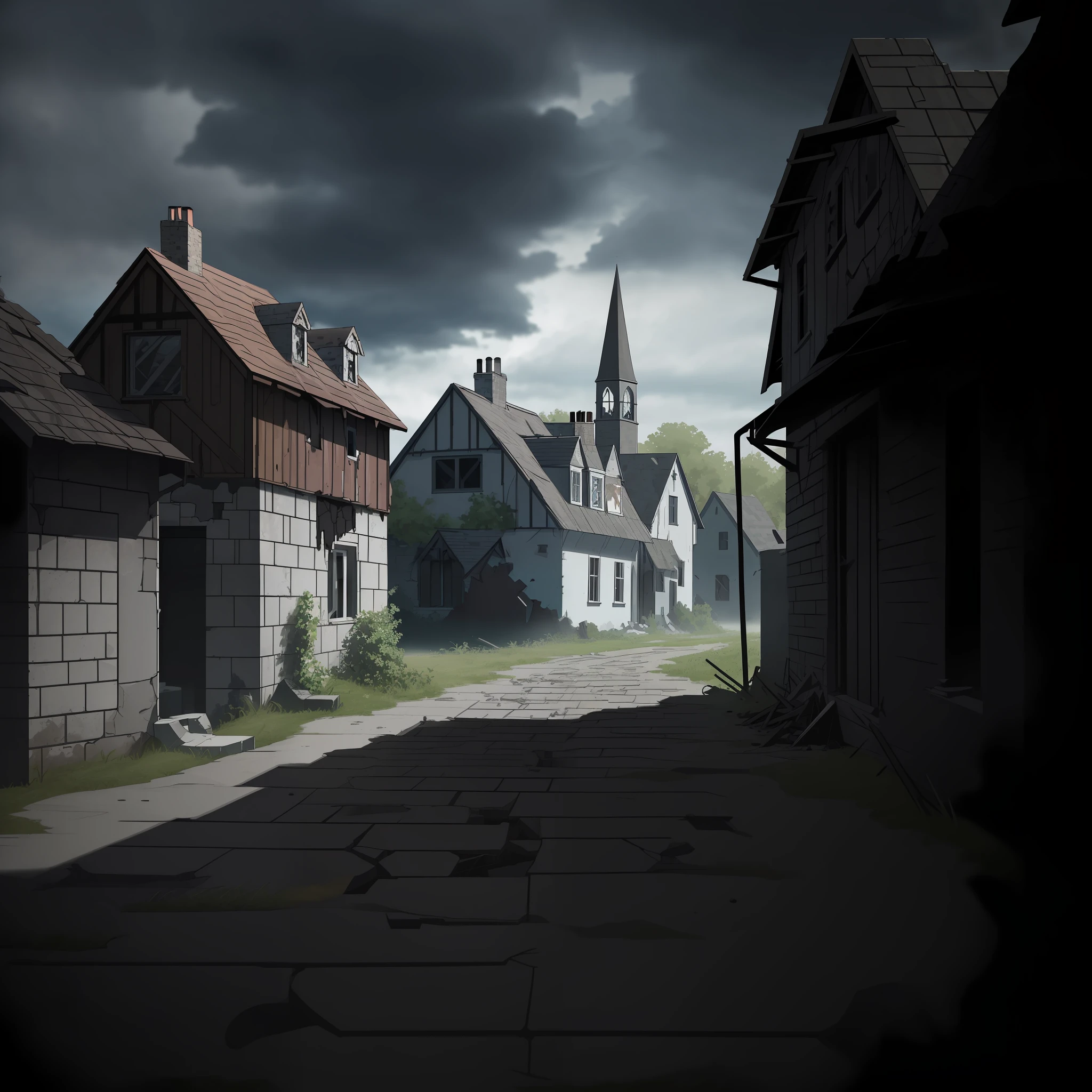 Detail Up crumbling rough dark sky Cloudy sky and rain shaking Stagnant clouds Ominous clouds illustration anime screenshot Ocean wind Not Japan Ruined house Brick house cobblestone road Medieval Europe Koyokan Crumbling brick house Unpaved cobblestones Ruined house Houses with a small number of colors A house on the verge of collapse desolate Fine line art 2020s anime