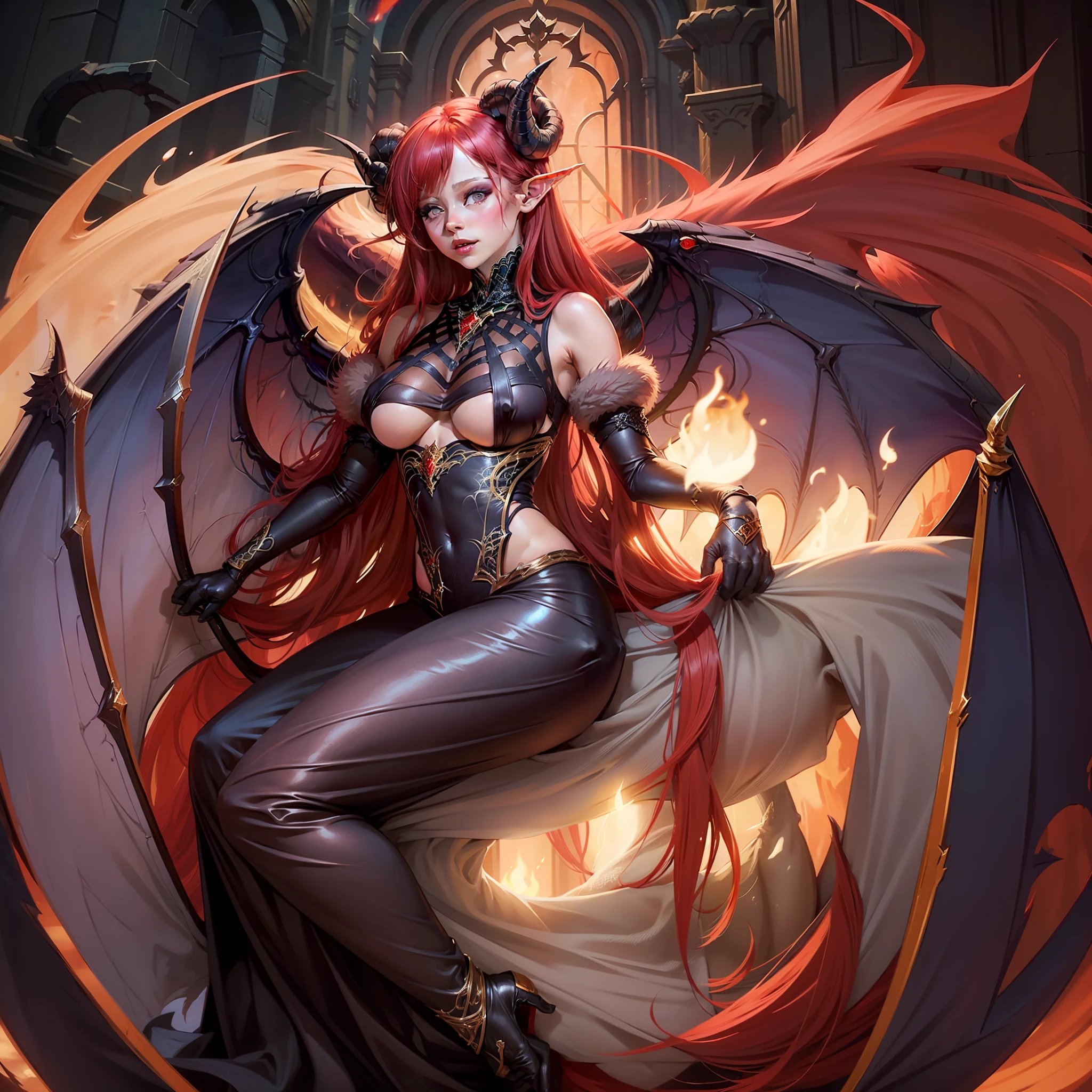 Demoness with long red hair, wearing crown, queen of nature, has demon wings, league of legends art style, soft looking, shot from the waist up, wearing leather outfit